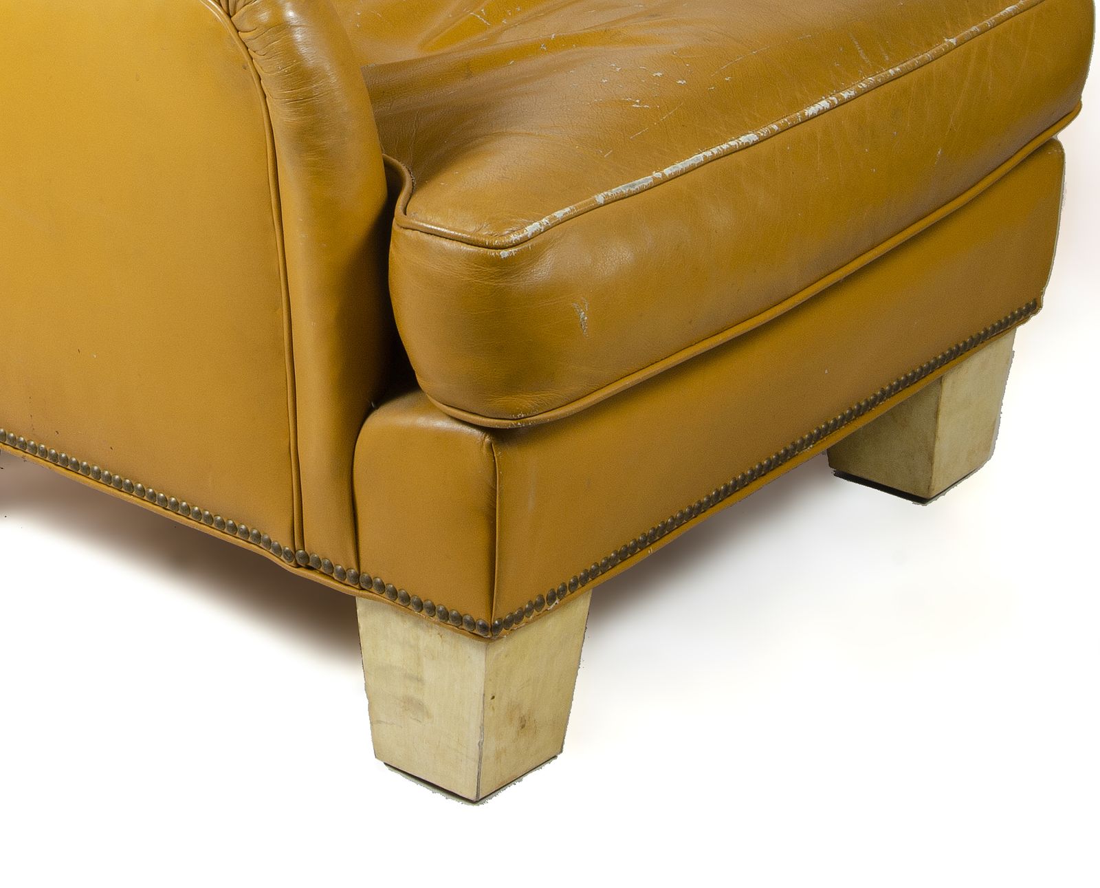 Pair Of 1940s Mid Century Modern Leather Club Chairs With Parchment Paper Covered Wood Legs, France photo vintage