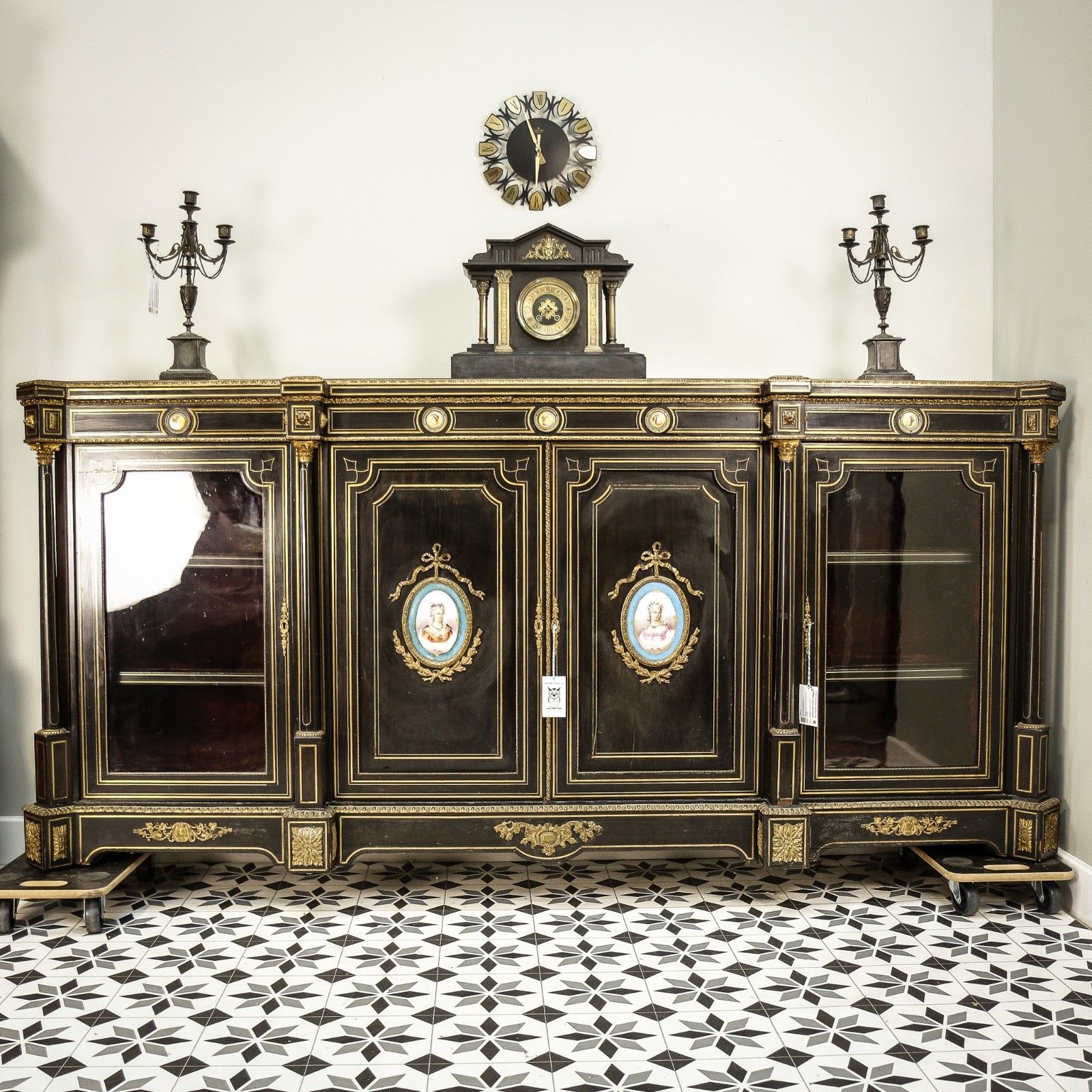 Antique Ebonised And Gilt Brass Credenza 19th Century With Porcelain Plaques