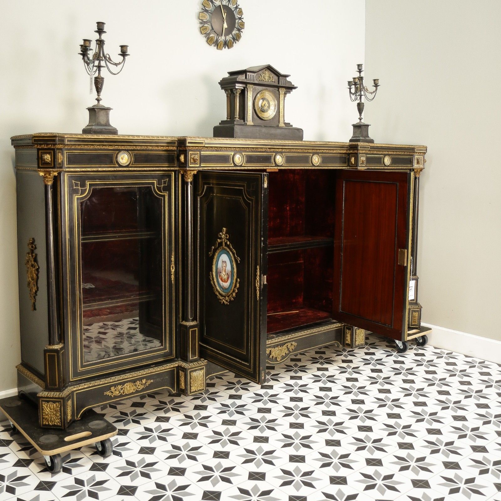Antique Ebonised And Gilt Brass Credenza 19th Century With Porcelain Plaques photo for sale