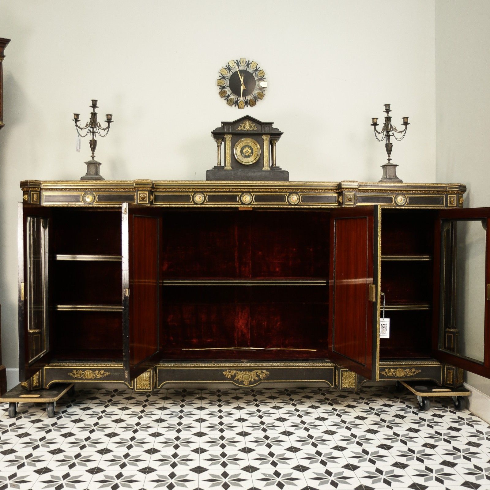 Antique Ebonised And Gilt Brass Credenza 19th Century With Porcelain Plaques photo buy
