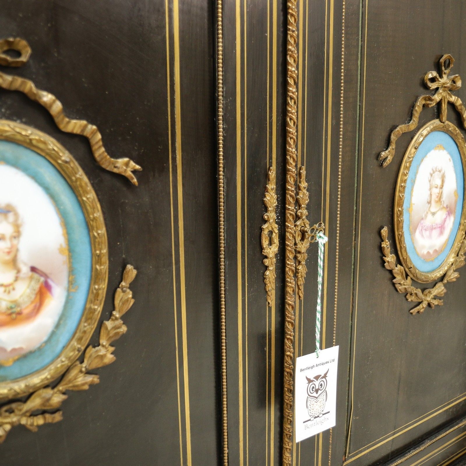 Antique Ebonised And Gilt Brass Credenza 19th Century With Porcelain Plaques photo vintage