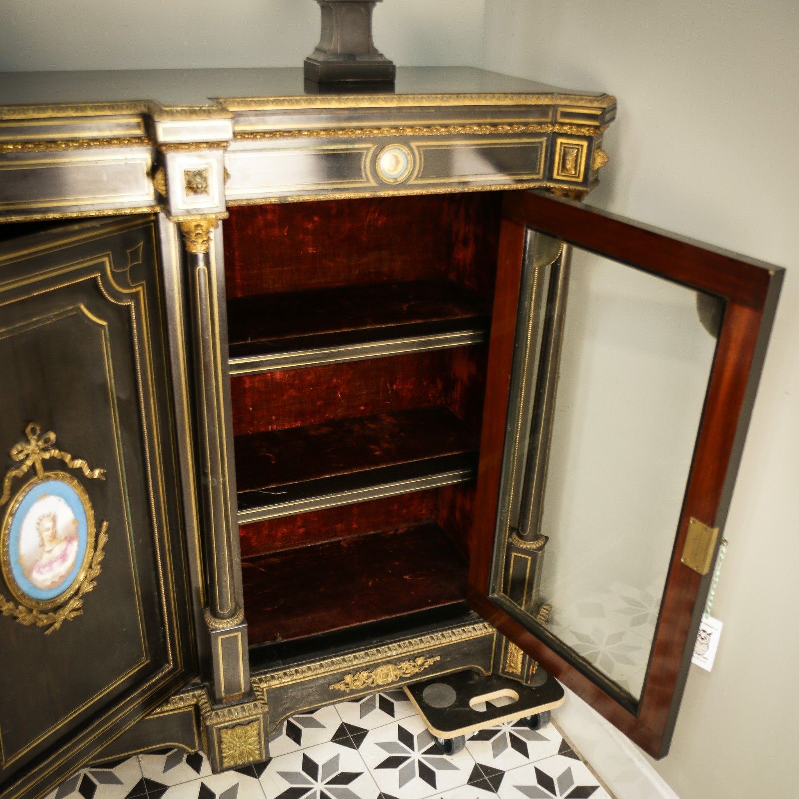 photo furniture Antique Ebonised And Gilt Brass Credenza 19th Century With Porcelain Plaques