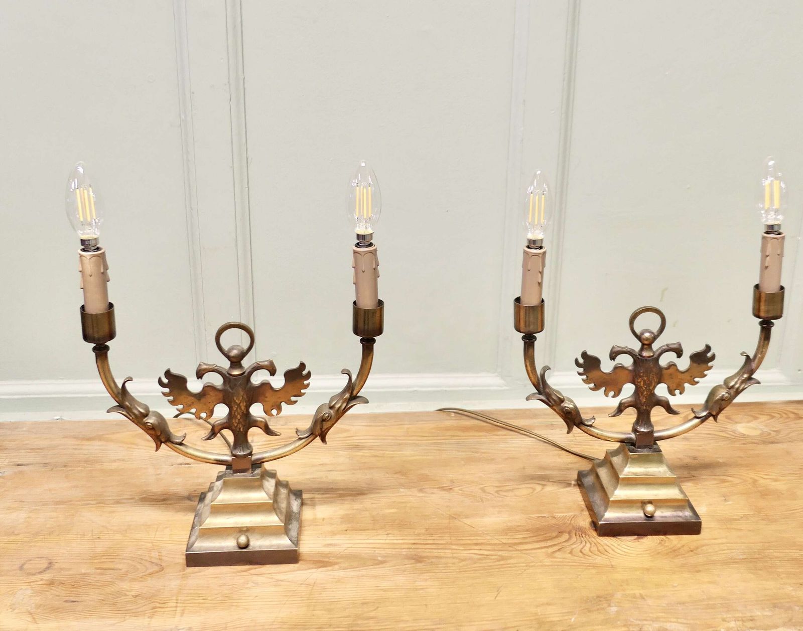 Pair Of Arts And Crafts Gothic Brass Twin Table Lamps These Are Grand Looking Pieces photo vinterior
