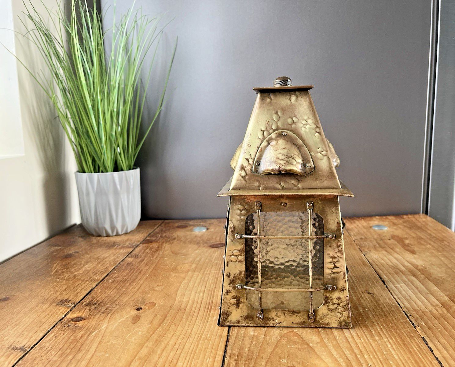 photo for sale Antique Arts & Crafts Textured Brass & Glass Pendant Lantern Porch Lamp Light