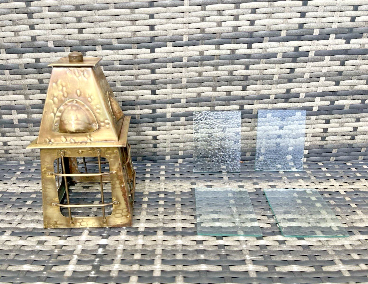photo buy Antique Arts & Crafts Textured Brass & Glass Pendant Lantern Porch Lamp Light