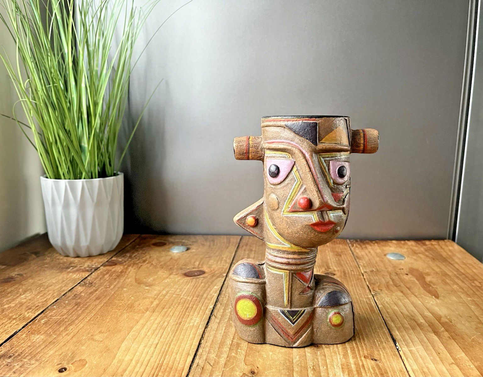 Mid Century Modernist Picasso Style Cubist Abstract Pottery Face Sculpture Vase photo furniture