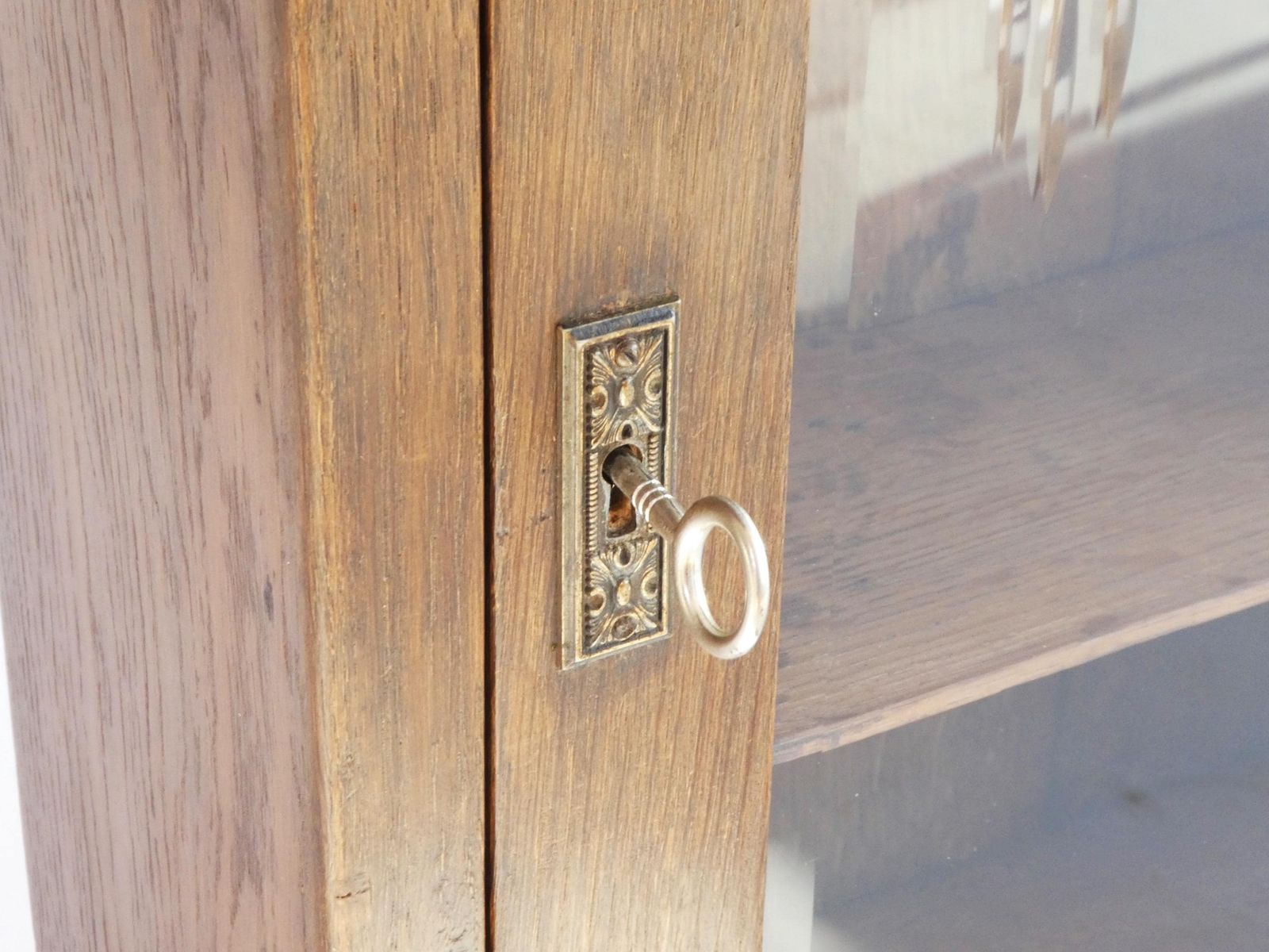 Antique Oak Cabinet With Beveled Glass Door, Art Deco Apothecary With Cut Floral Glass, Medicine Chest With Lock photo 326.0
