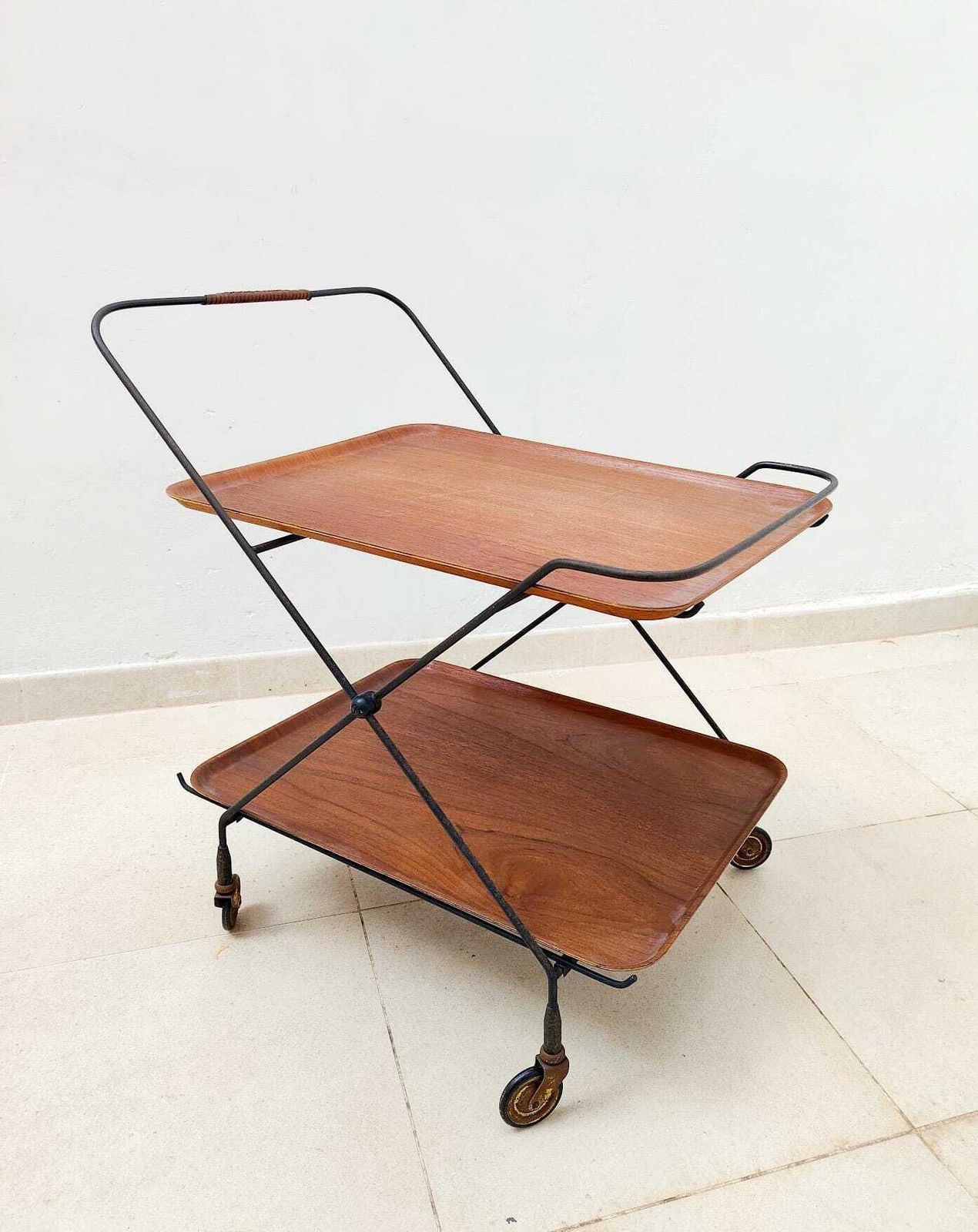 Vintage Campo E Graffi Home Design Bar Cart In Metal And Industrial Teak, Mid Century Era photo buy