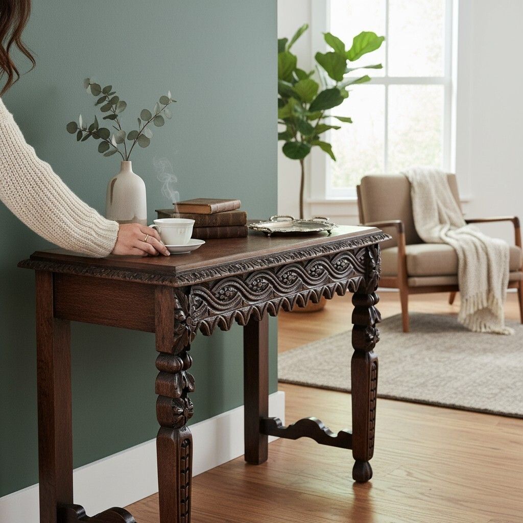 Antique 19th Century Victorian Heavily Carved Oak Side Writing Desk Table photo furniture