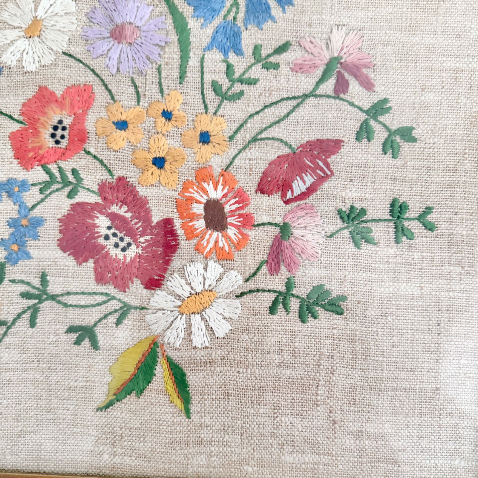 Sweden Year 1954. Vintage Linen Flower Bouquet Embroidery. Framed Behind Glass. photo for sale