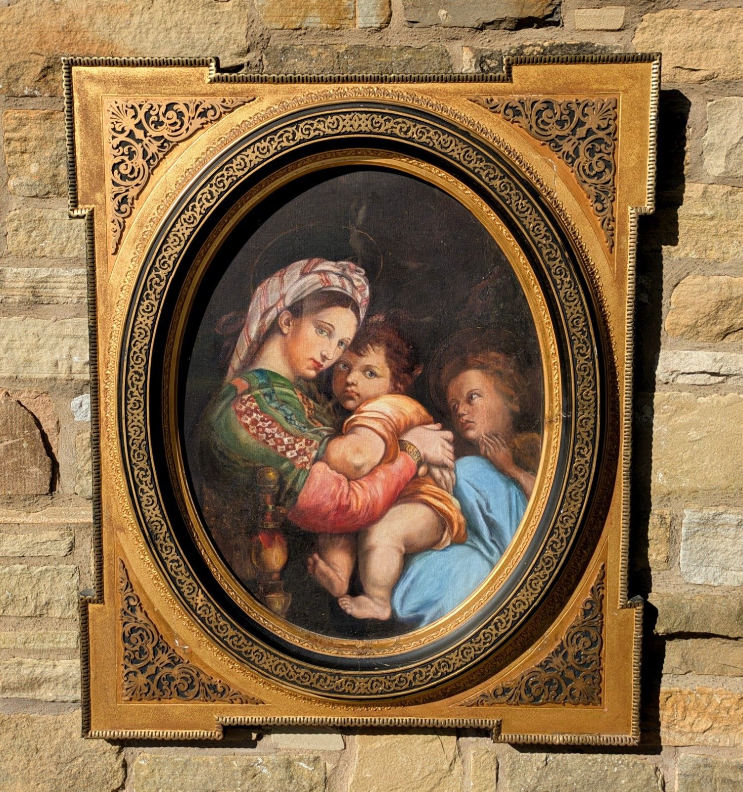 Large Oil Painting Madonna & Child After Raphael