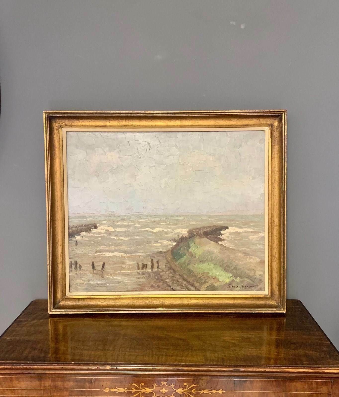 Signed Oil Painting Of Coastal Beach Seascape In Gilt Frame