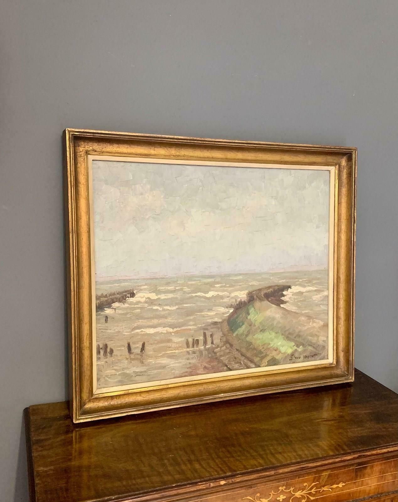 Signed Oil Painting Of Coastal Beach Seascape In Gilt Frame photo Art
