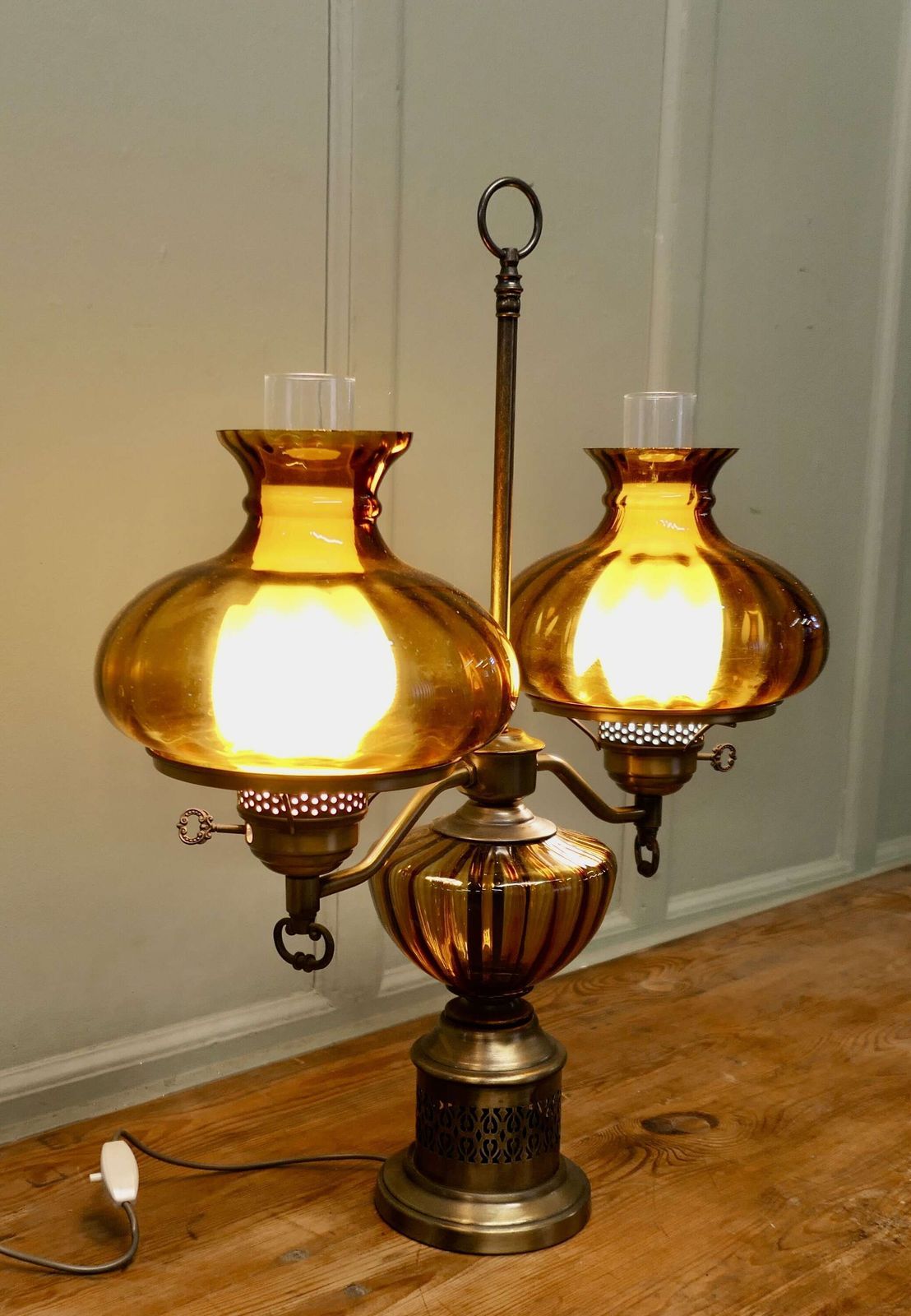 Antique Style Amber Oil Lamp, Twin Brass Table Lamp, This Is A Large Piece photo furniture