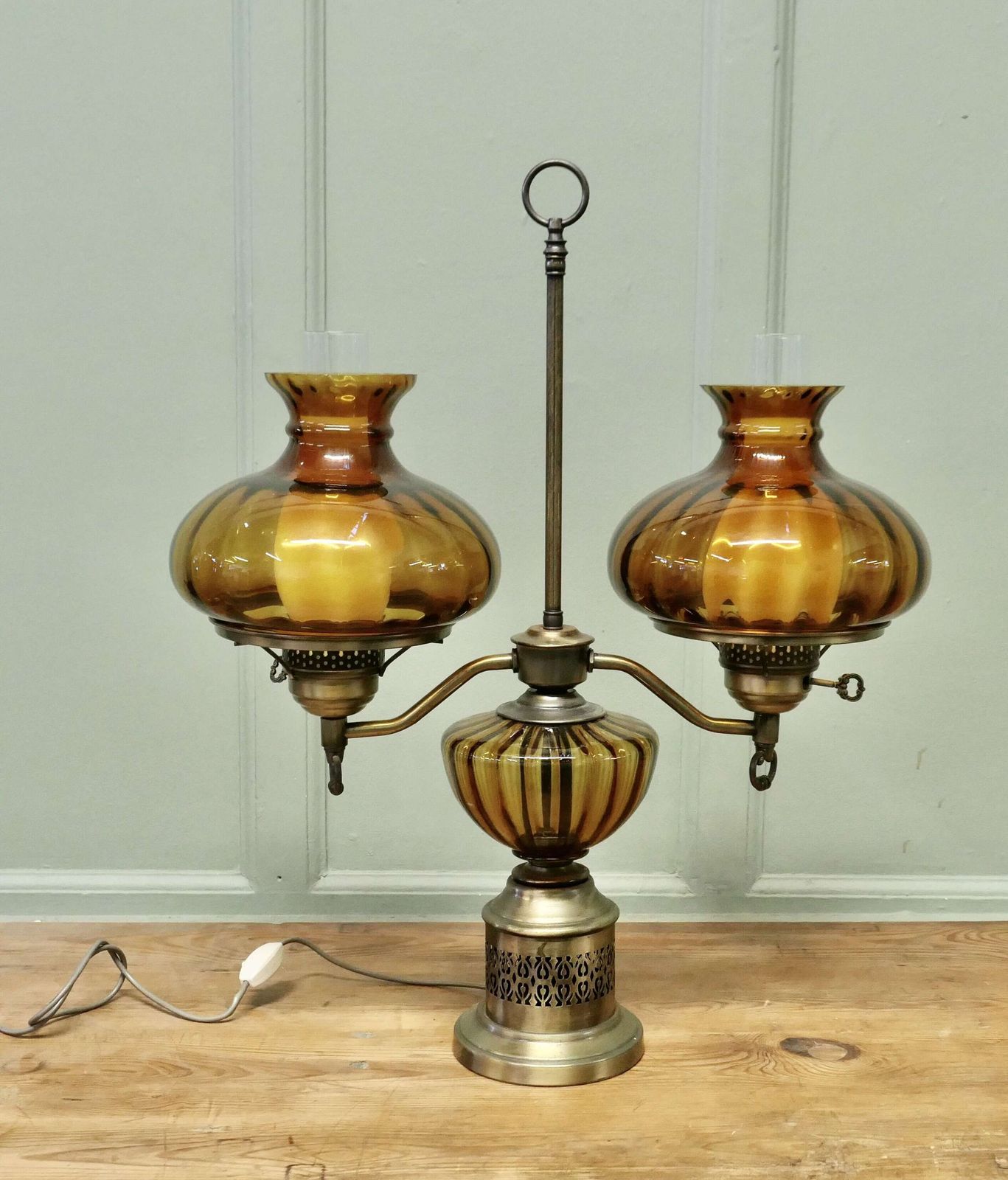 Antique Style Amber Oil Lamp, Twin Brass Table Lamp, This Is A Large Piece photo for sale