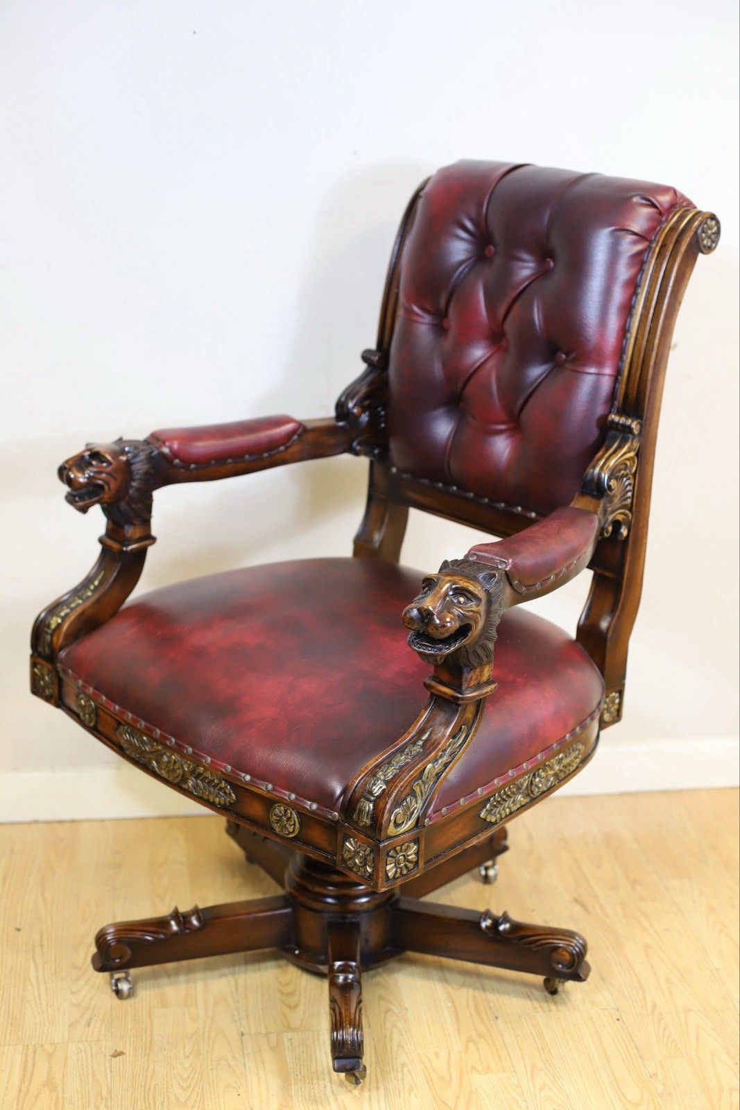 Stunning Victorian Empire Style Gilt Carved Wood Executive Swivel Chair photo vinterior