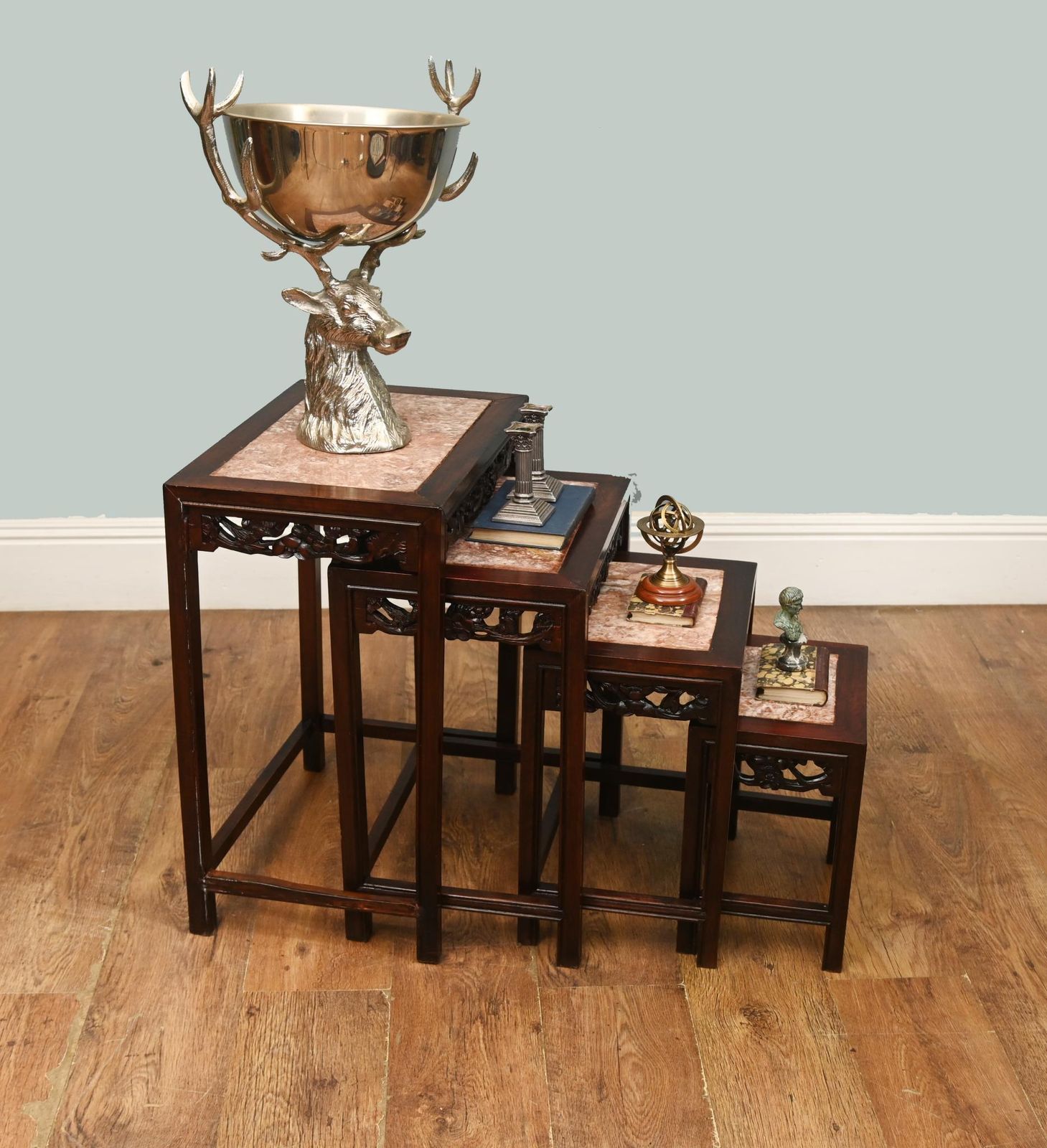 Chinese Hardwood Nest Of Tables Set 4 Marble Tops