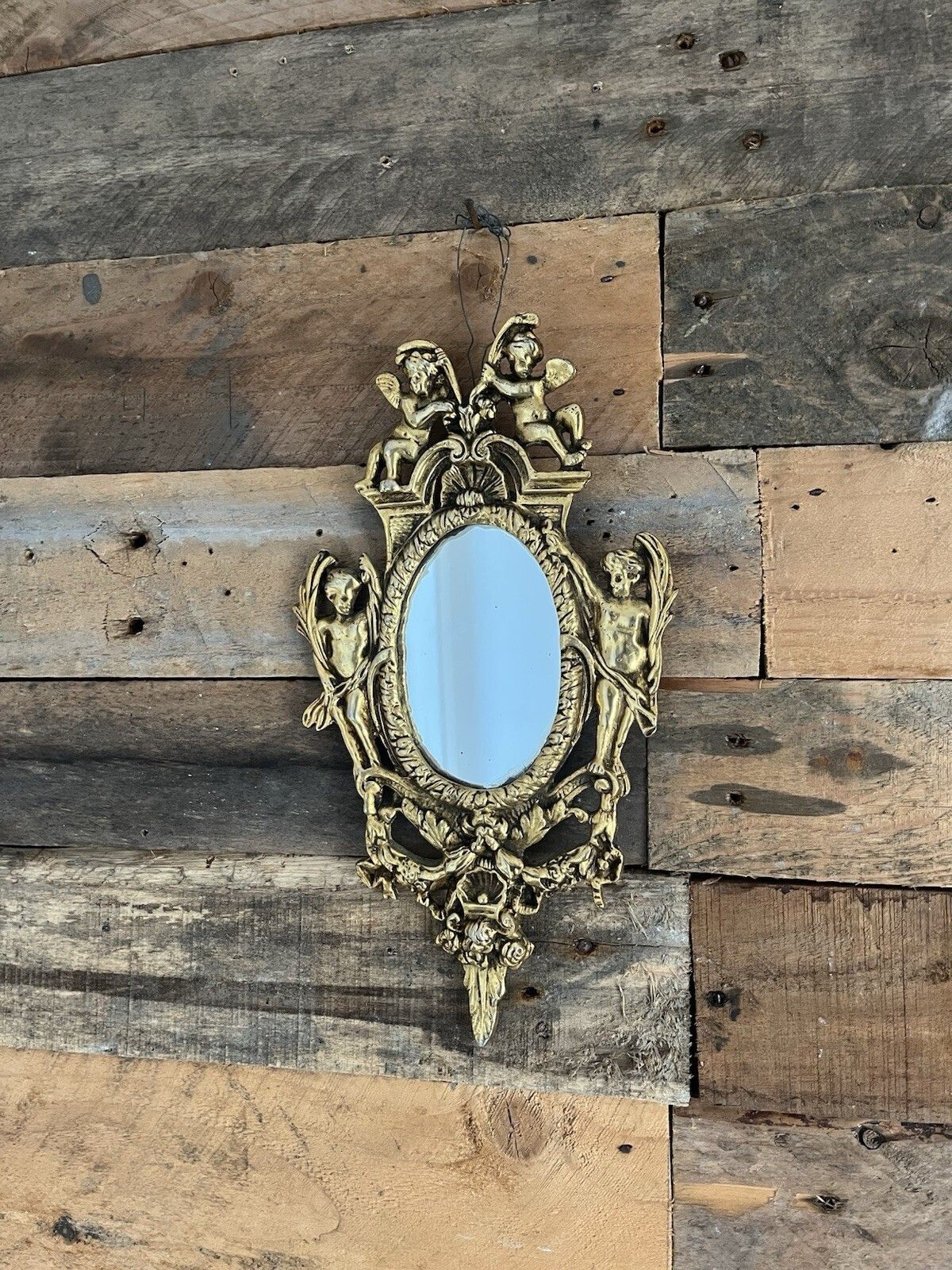 Superb Antique 19th C French Rococo Gilt Brass Oval Wall Mirror Cherubs Angels photo furniture