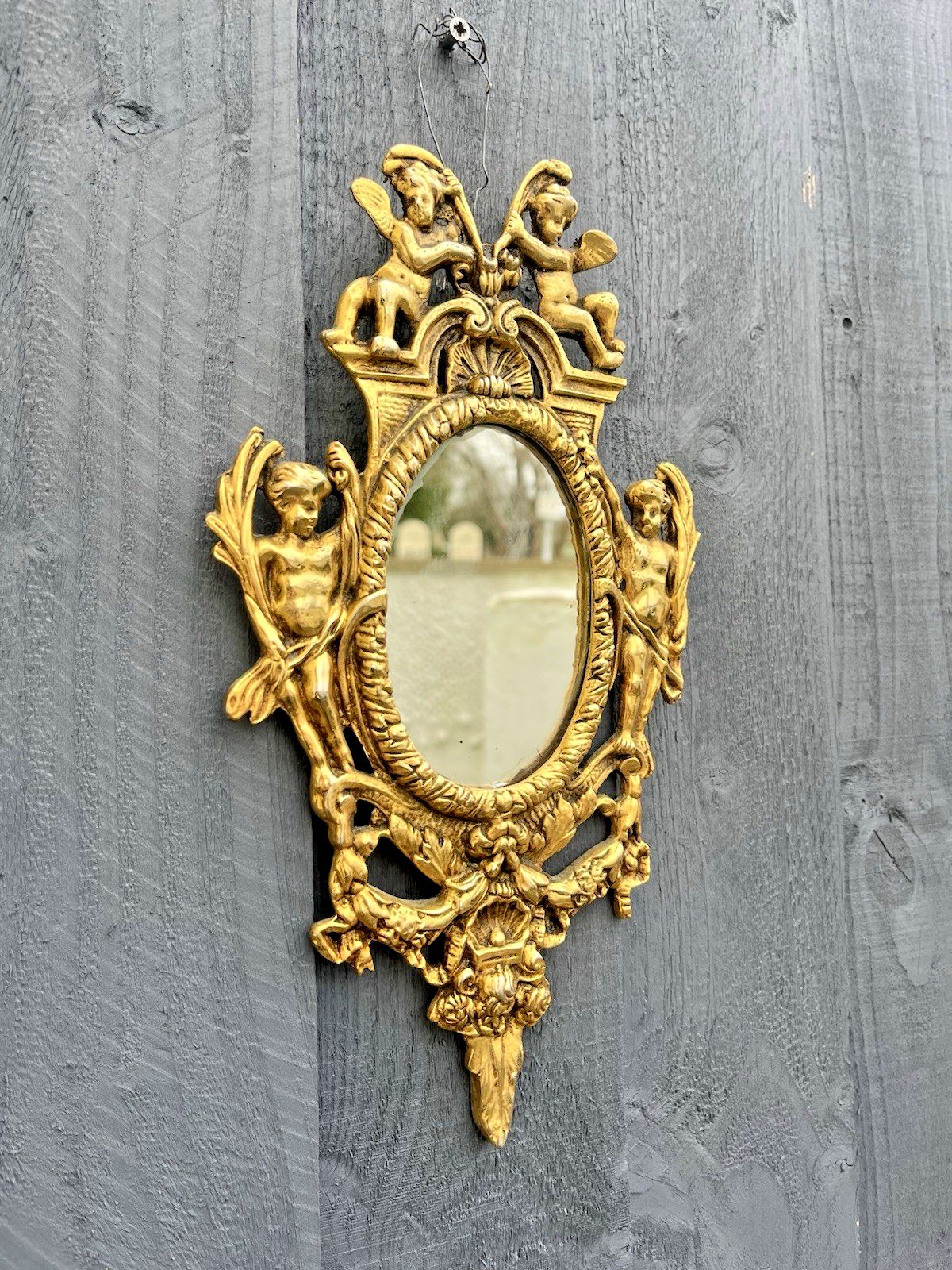 Superb Antique 19th C French Rococo Gilt Brass Oval Wall Mirror Cherubs Angels photo vinterior