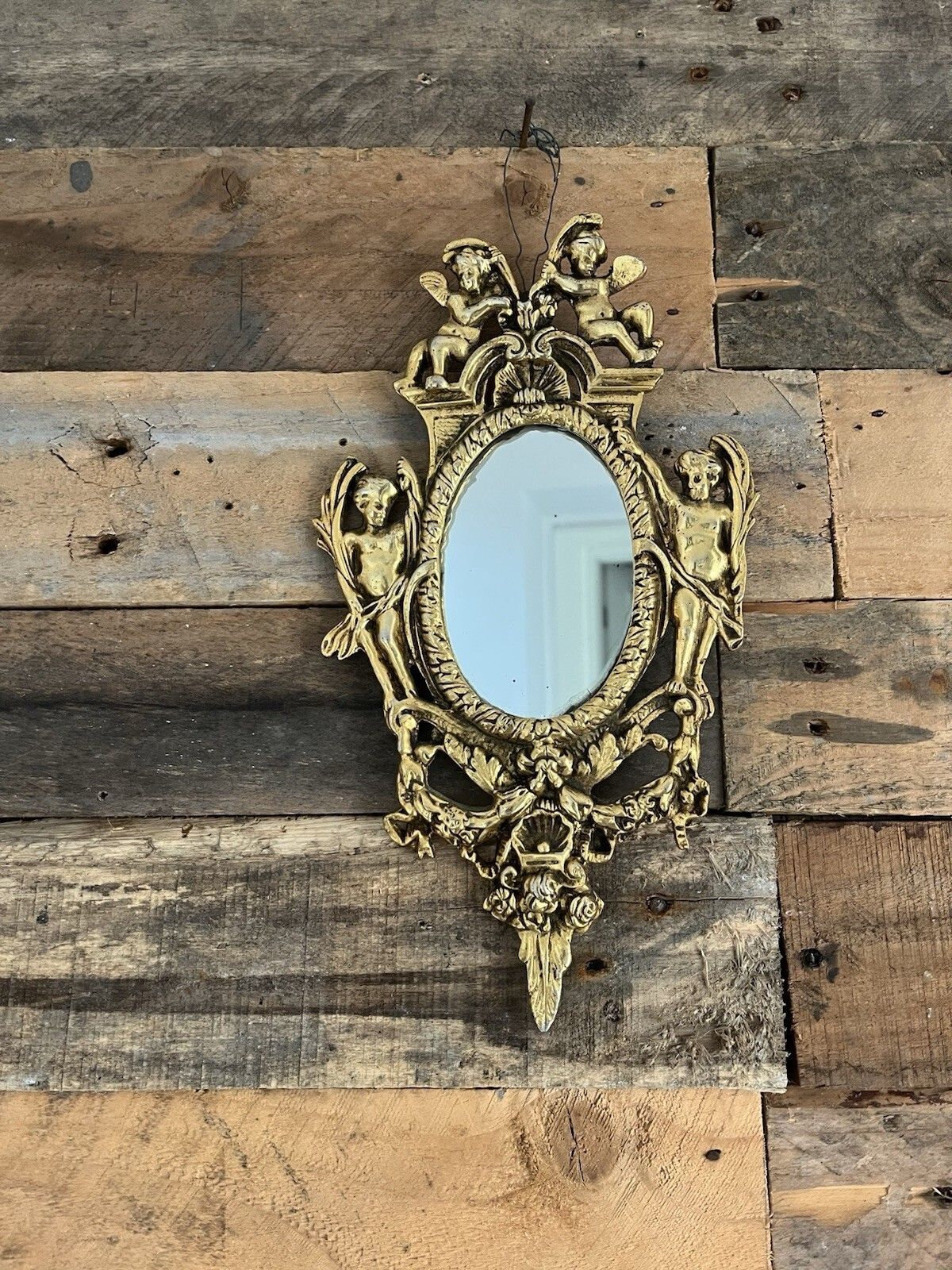 Home Decor Superb Antique 19th C French Rococo Gilt Brass Oval Wall Mirror Cherubs Angels photo