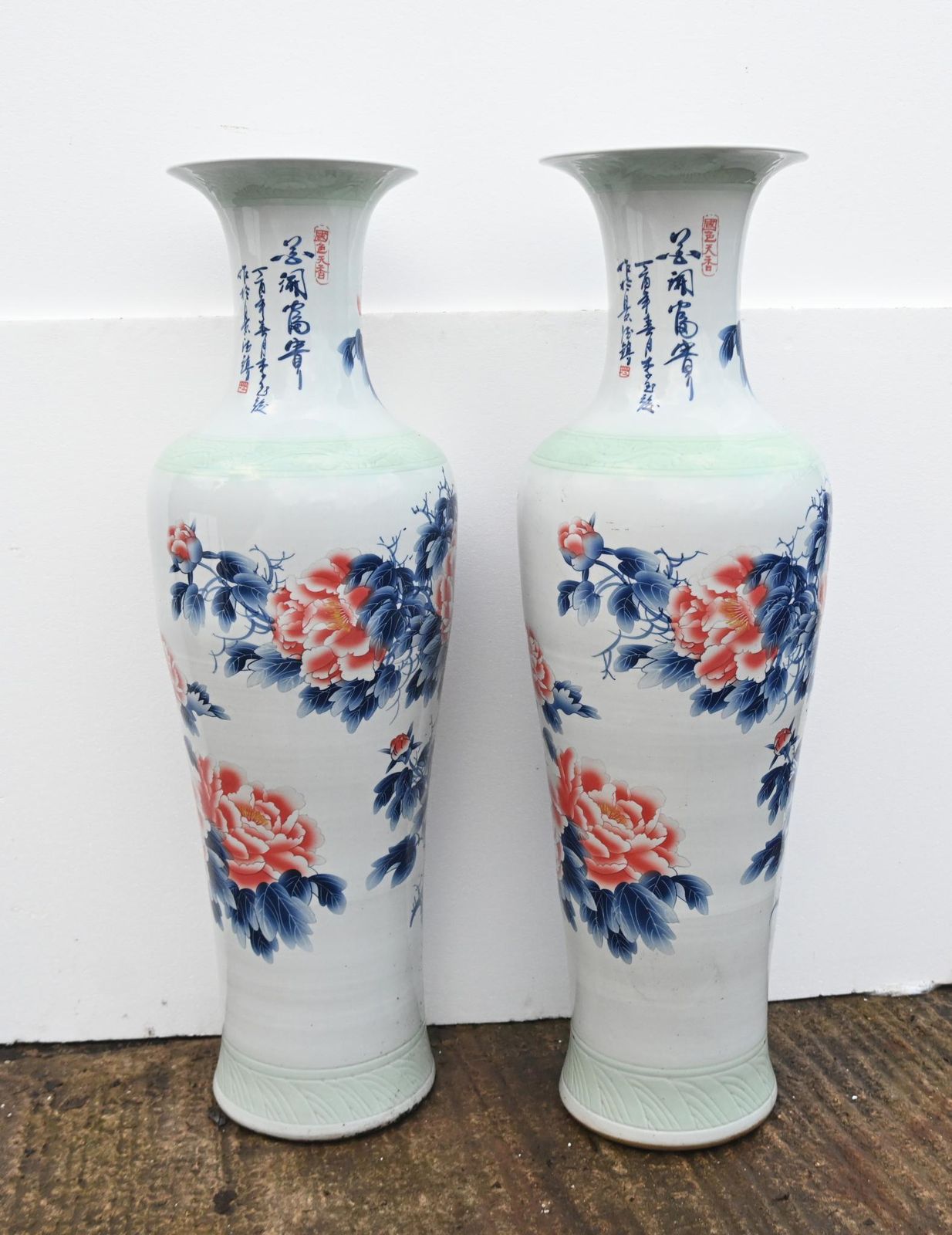 Pair Chinese Kangxi Style Porcelain Vases Temple Urns 5 Ft 143 Cm