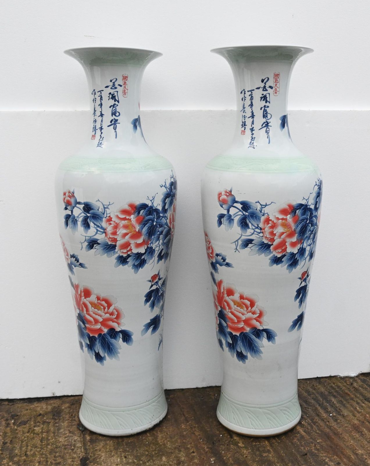 photo for sale Pair Chinese Kangxi Style Porcelain Vases Temple Urns 5 Ft 143 Cm