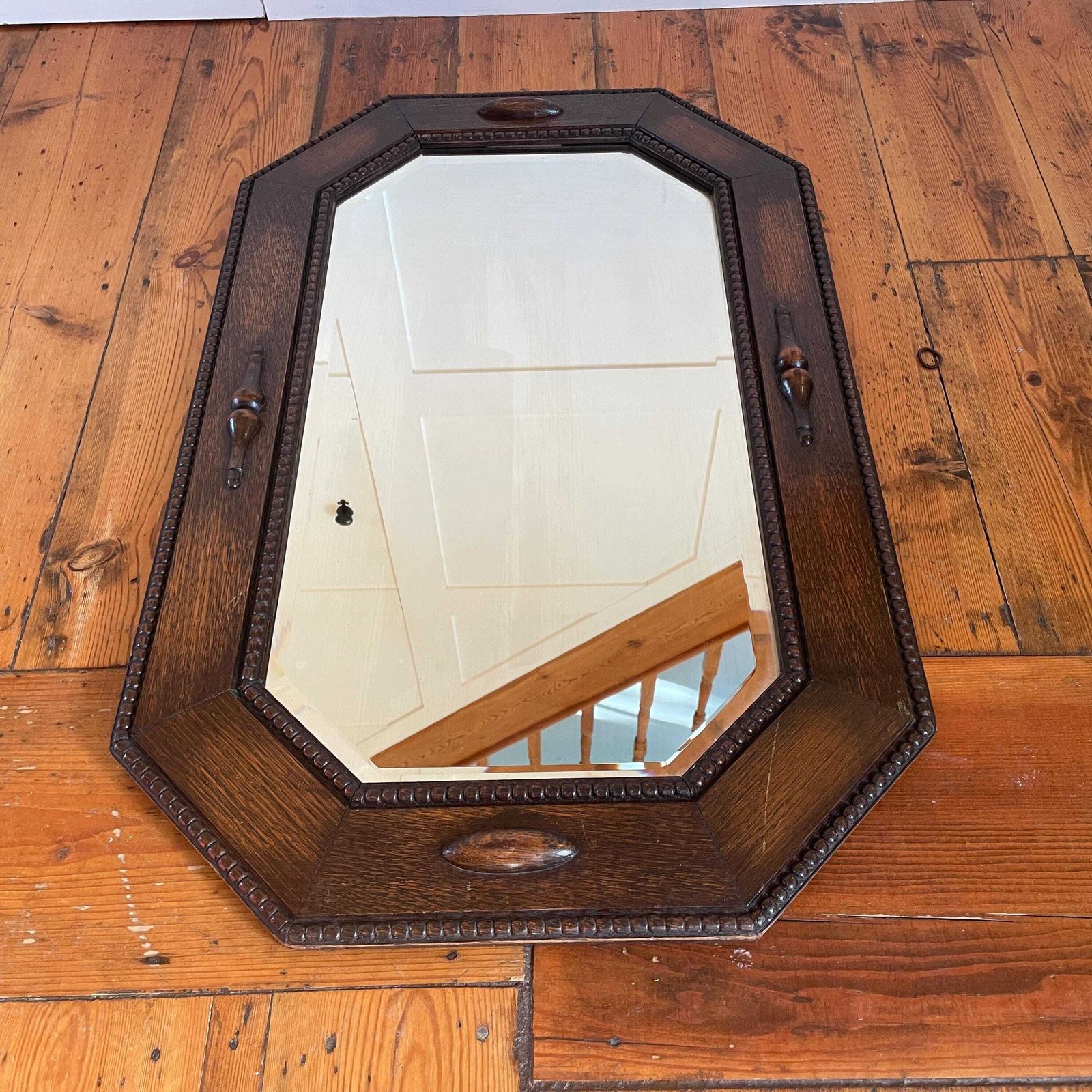 1930's Antique Oak Bevelled Wall Mirror Octagonal Frame Wood English Arts And Crafts Decorative Mouldings Vintage Early 20th Century Wooden photo buy