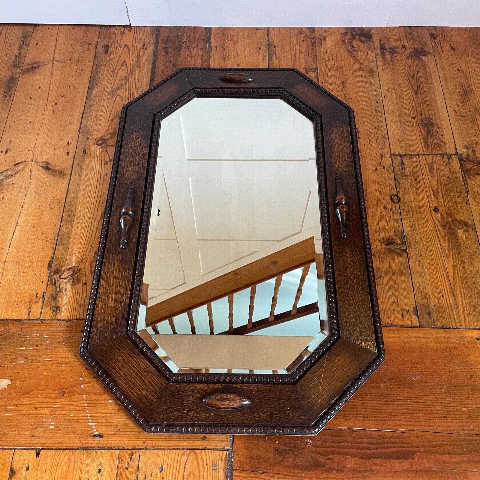 photo buy 1930's Antique Oak Bevelled Wall Mirror Octagonal Frame Wood English Arts And Crafts Decorative Mouldings Vintage Early 20th Century Wooden