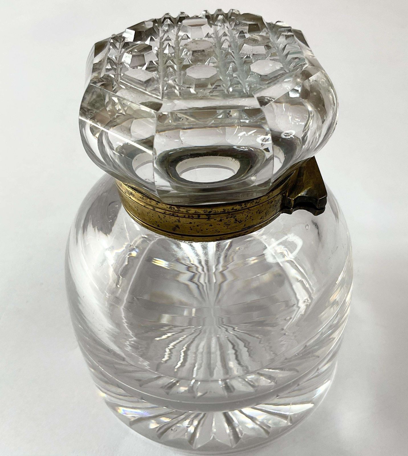 Fine Victorian Cut Crystal Library Inkwell – Faceted Geometric Lid – C.1900