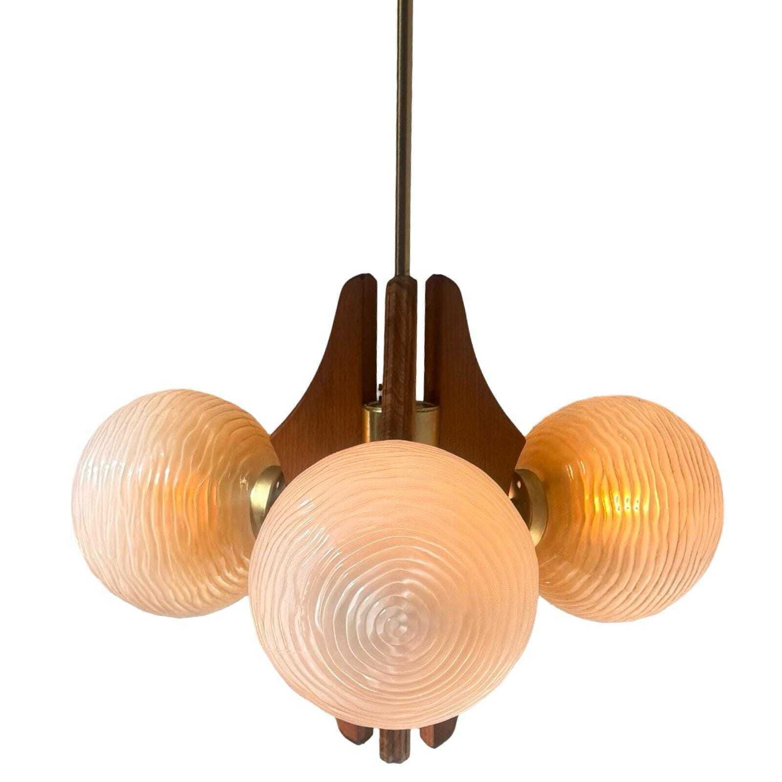 Hanging Pendant   Model Sputnik   Wooden Base, Brass Details And Three Glass Domes   Mcm / Space Age Design photo for sale