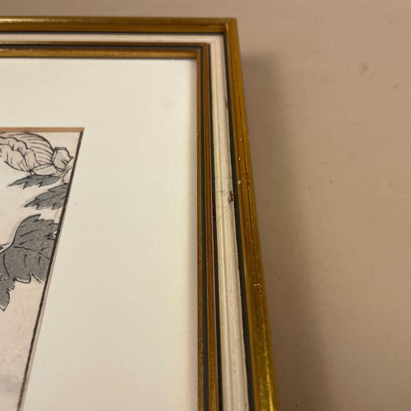 Set Of 3 Antique Japanese Block Printed Paper Pictures Oriental Artwork Floral Art Wall Hanging Wood Frame Vintage Picture Traditional Gold photo buy