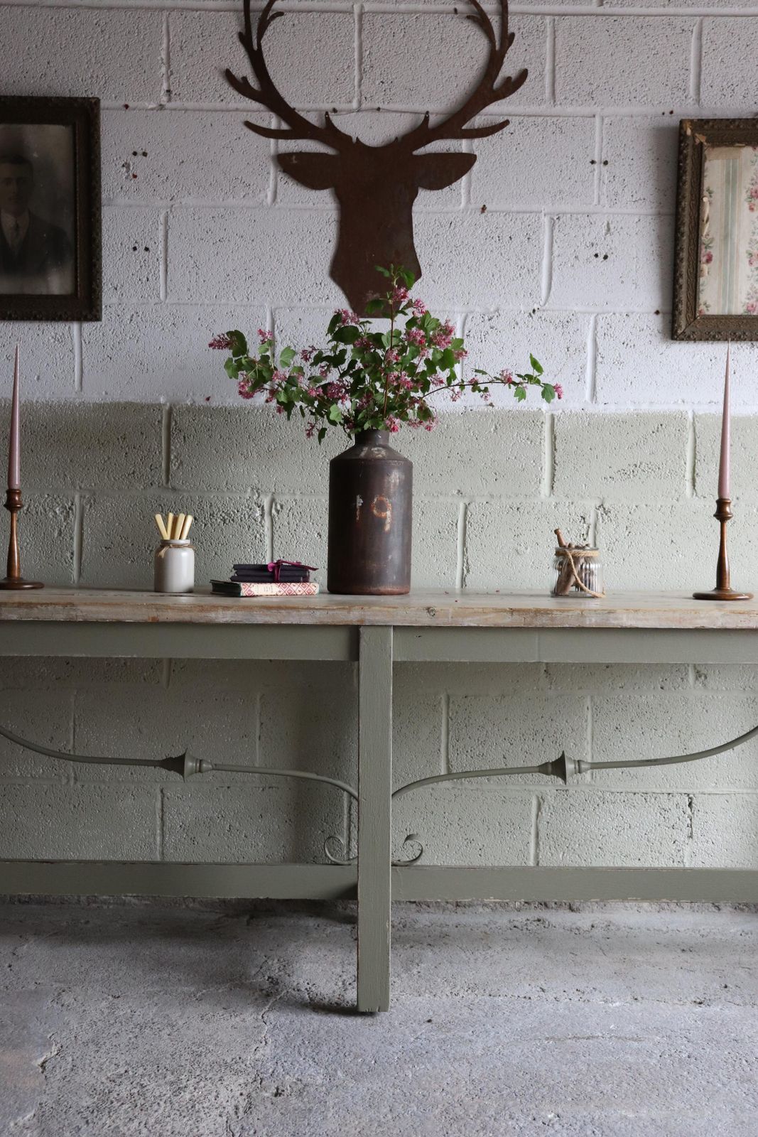Fabulous 8 1/2 Ft Long Rustic Refectory Table With Plank Top And Ornate Swag Base photo for sale