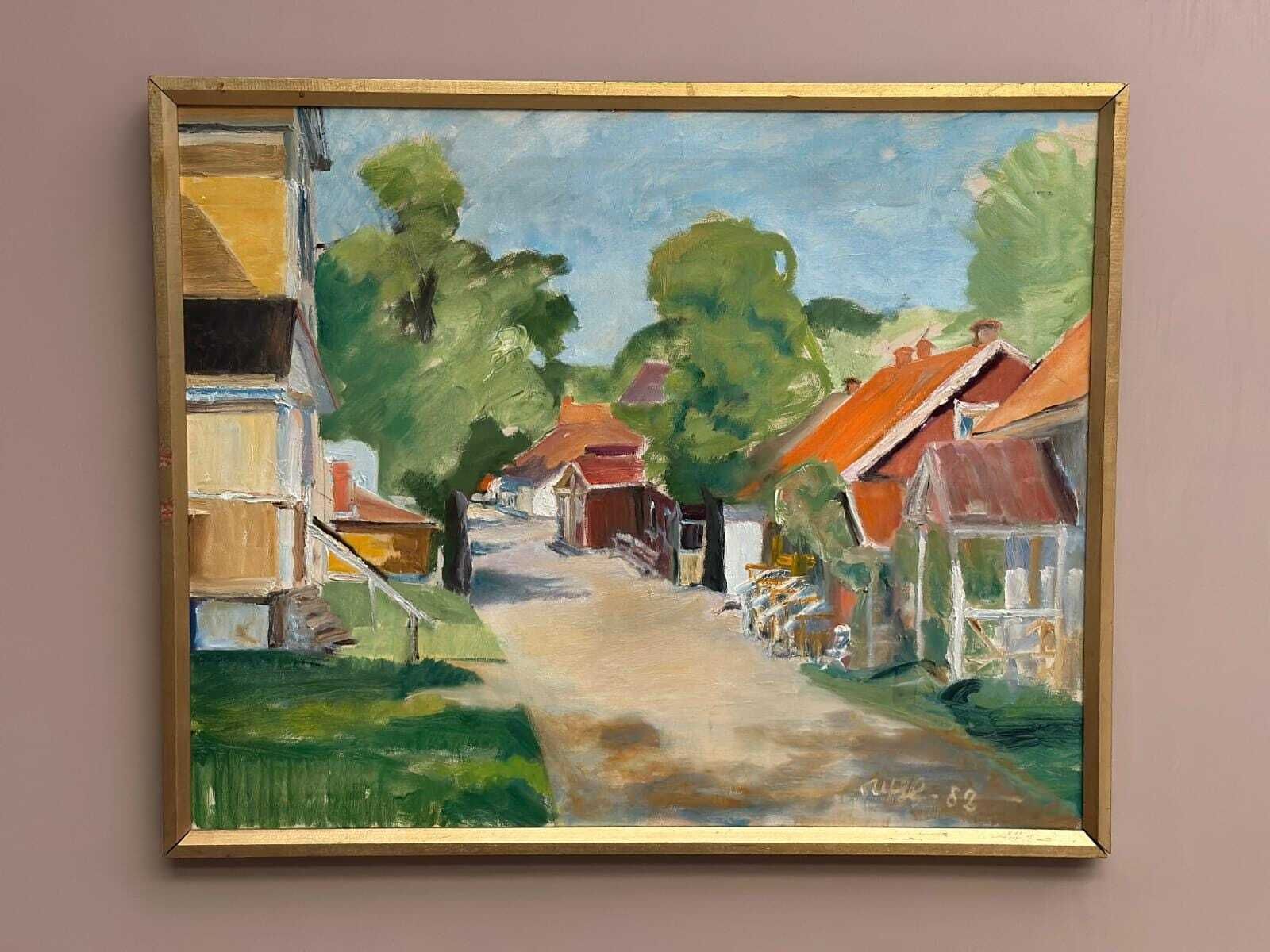 photo furniture Original Swedish Oil On Canvas – Street With Houses And Trees By Ulfe – Dated 1982 – Vintage & Framed 65 × 75 Cm (25.6" × 29.5")