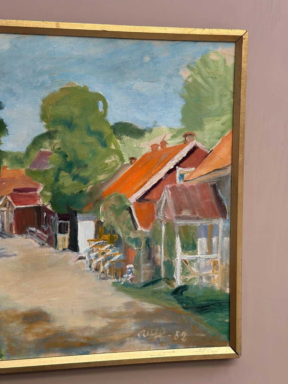photo for sale Original Swedish Oil On Canvas – Street With Houses And Trees By Ulfe – Dated 1982 – Vintage & Framed 65 × 75 Cm (25.6" × 29.5")