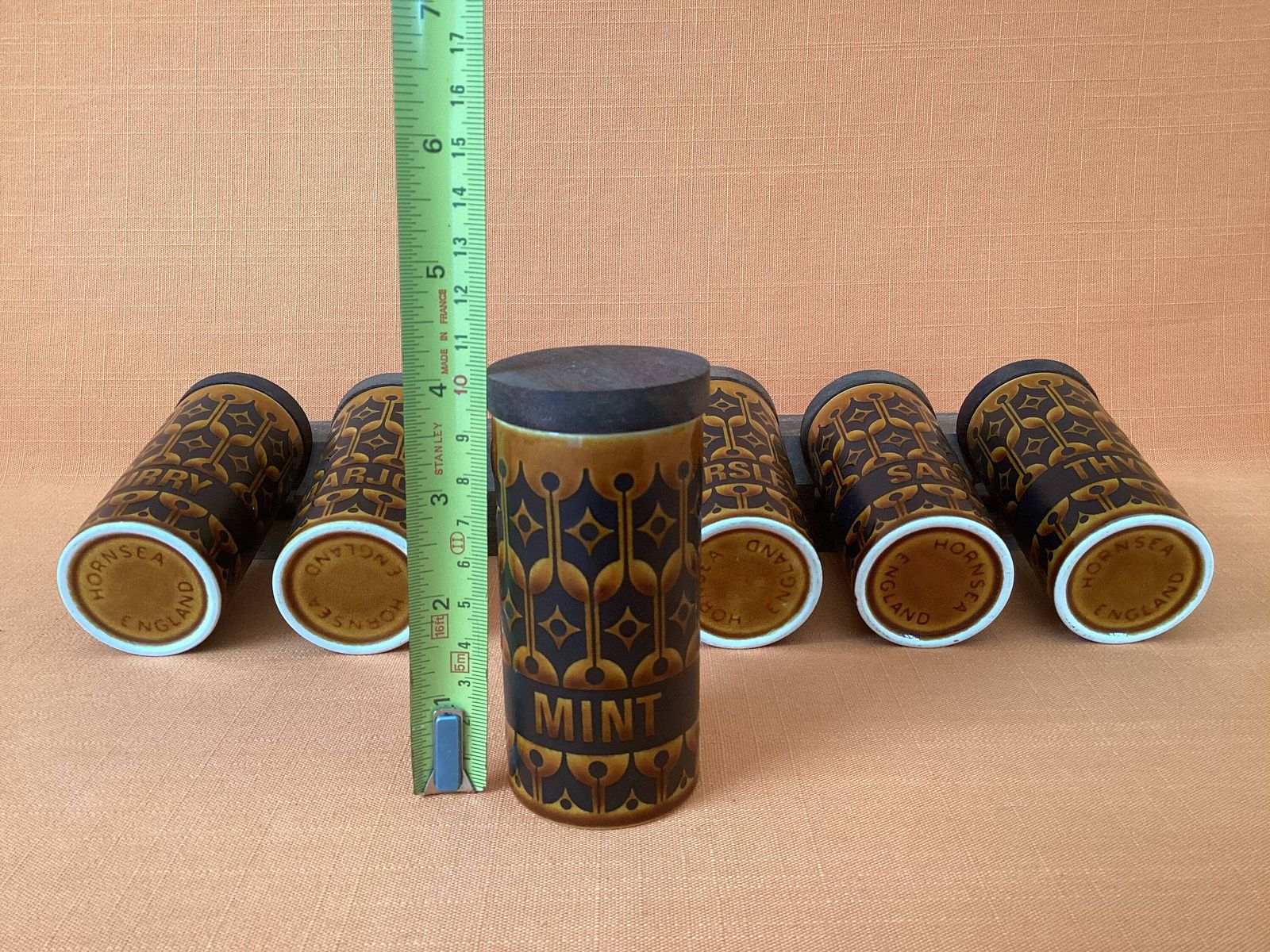 1970s Hornsea Heirloom Spice Rack With 6 Tall Labelled Spice Jars In Autumn Brown photo vinterior