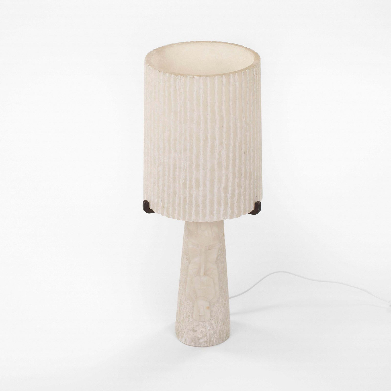 French Mid Century Alabaster Table Lamp With A Carved Geometric Face, 1960s photo for sale