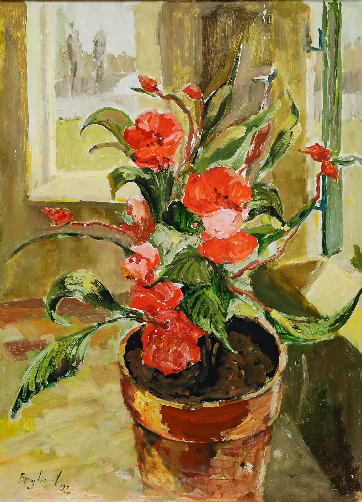 Frederick John England (B.1939) 2002 Oil, Potted Flowers photo furniture