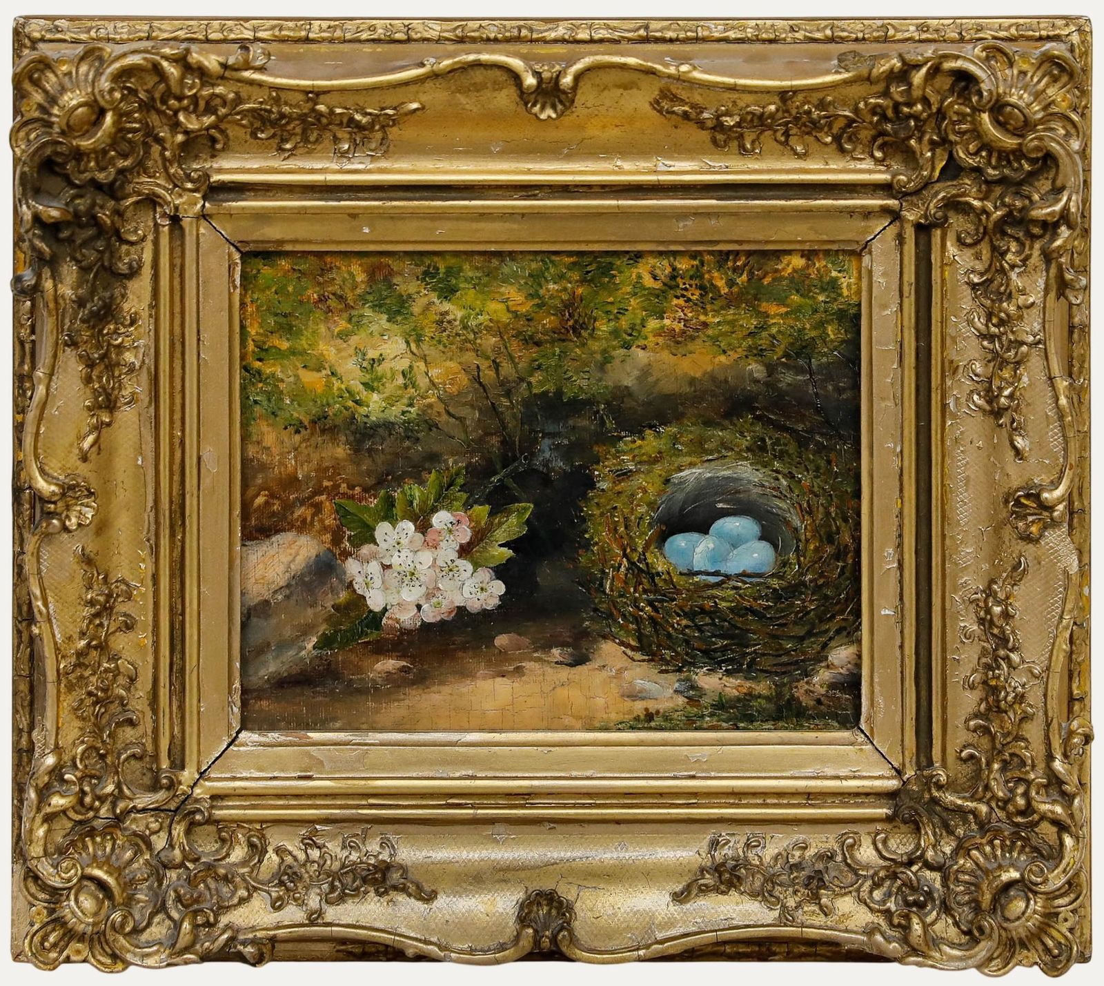 Framed Early 20th Century Oil May Blossom And Hedge Sparrow's Nest