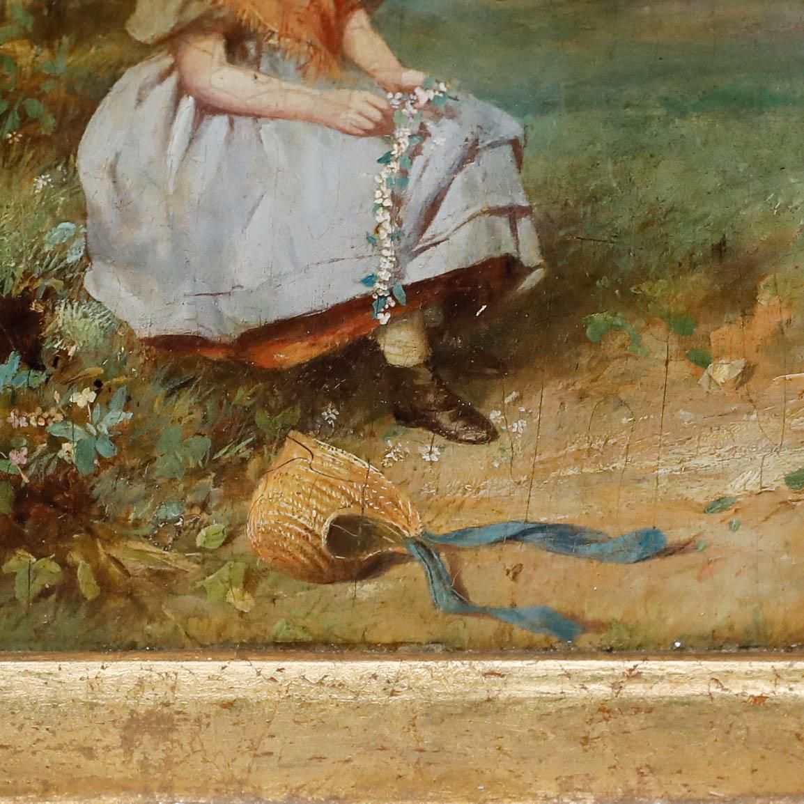 Framed Late 19th Century Oil Making Flower Garlands In The Meadow photo 350.0