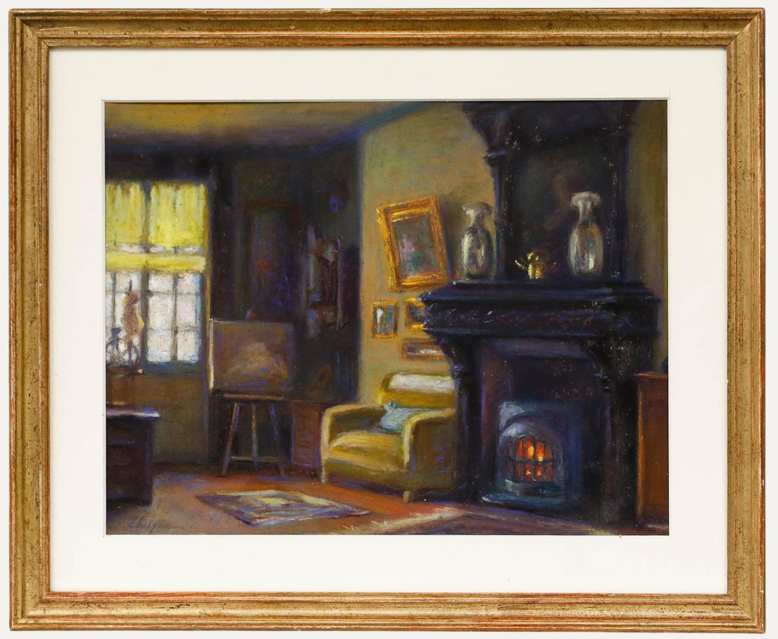 T. Clesque Framed Mid 20th Century Pastel, The Artist's Living Room