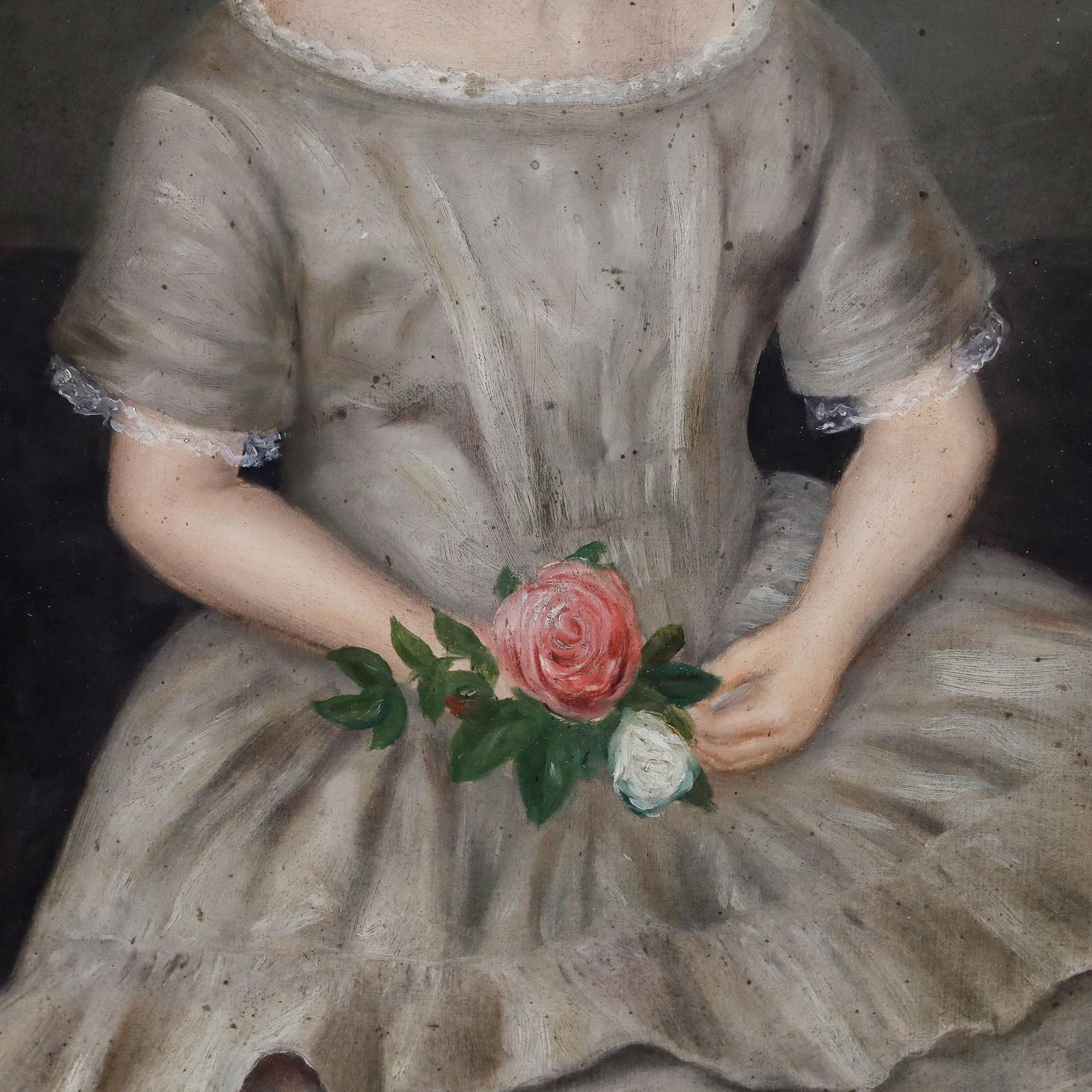 19th Century Oil Girl Holding Flowers photo Art