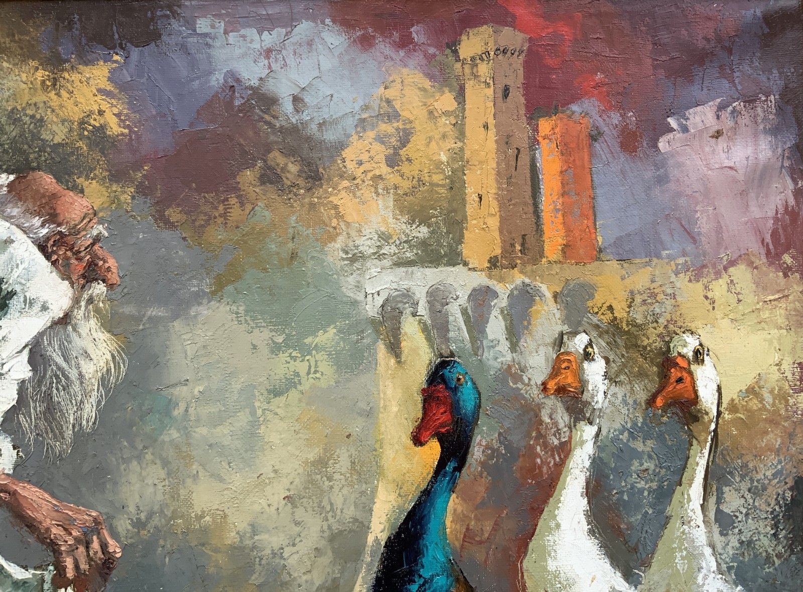 Original Vintage Oil Painting 'Archbishop And The Geese' After Marc Chagall photo vinterior