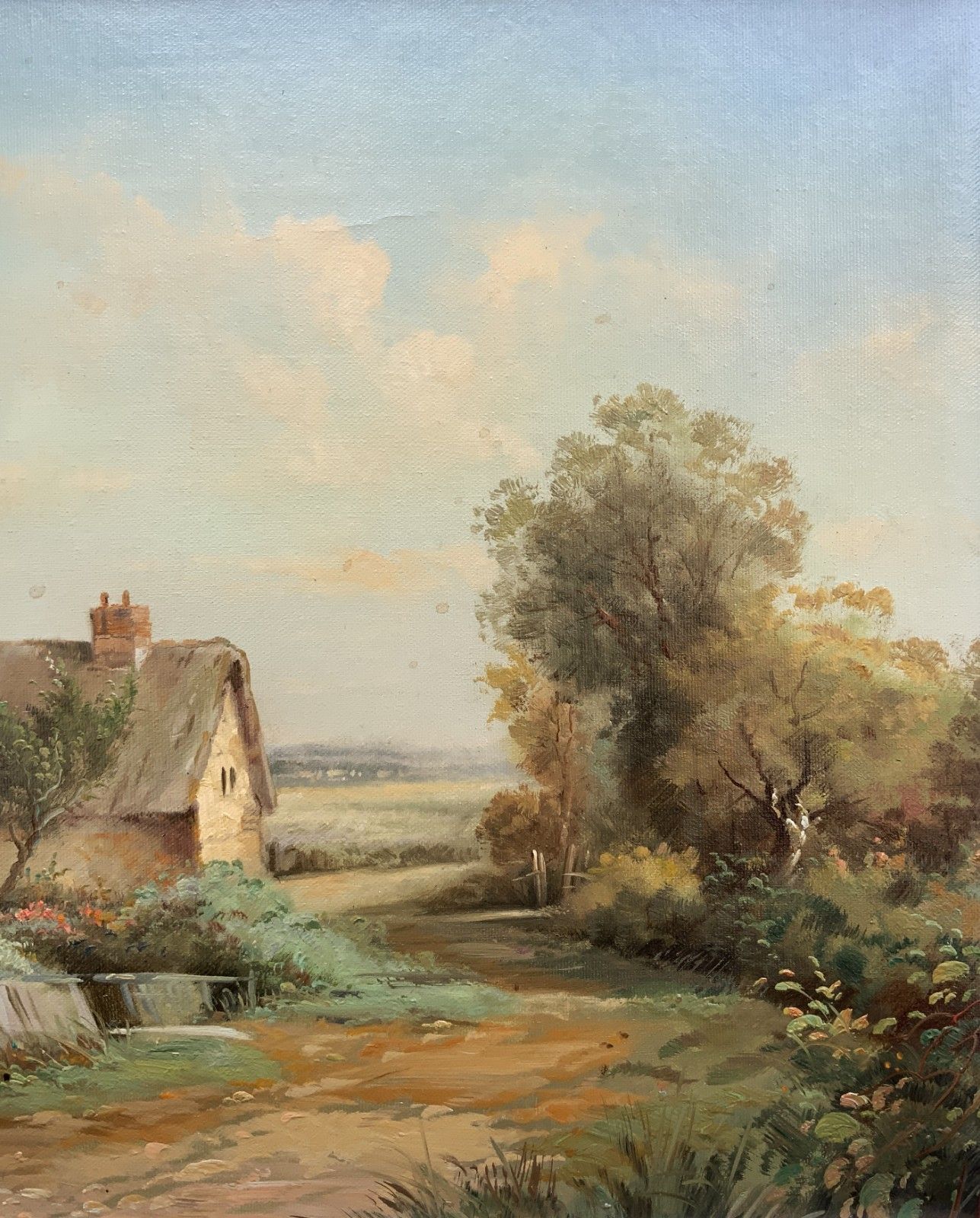 English Landscape Oil Painting Countryside Thatched Cottage Vintage 20th Century photo 299.0