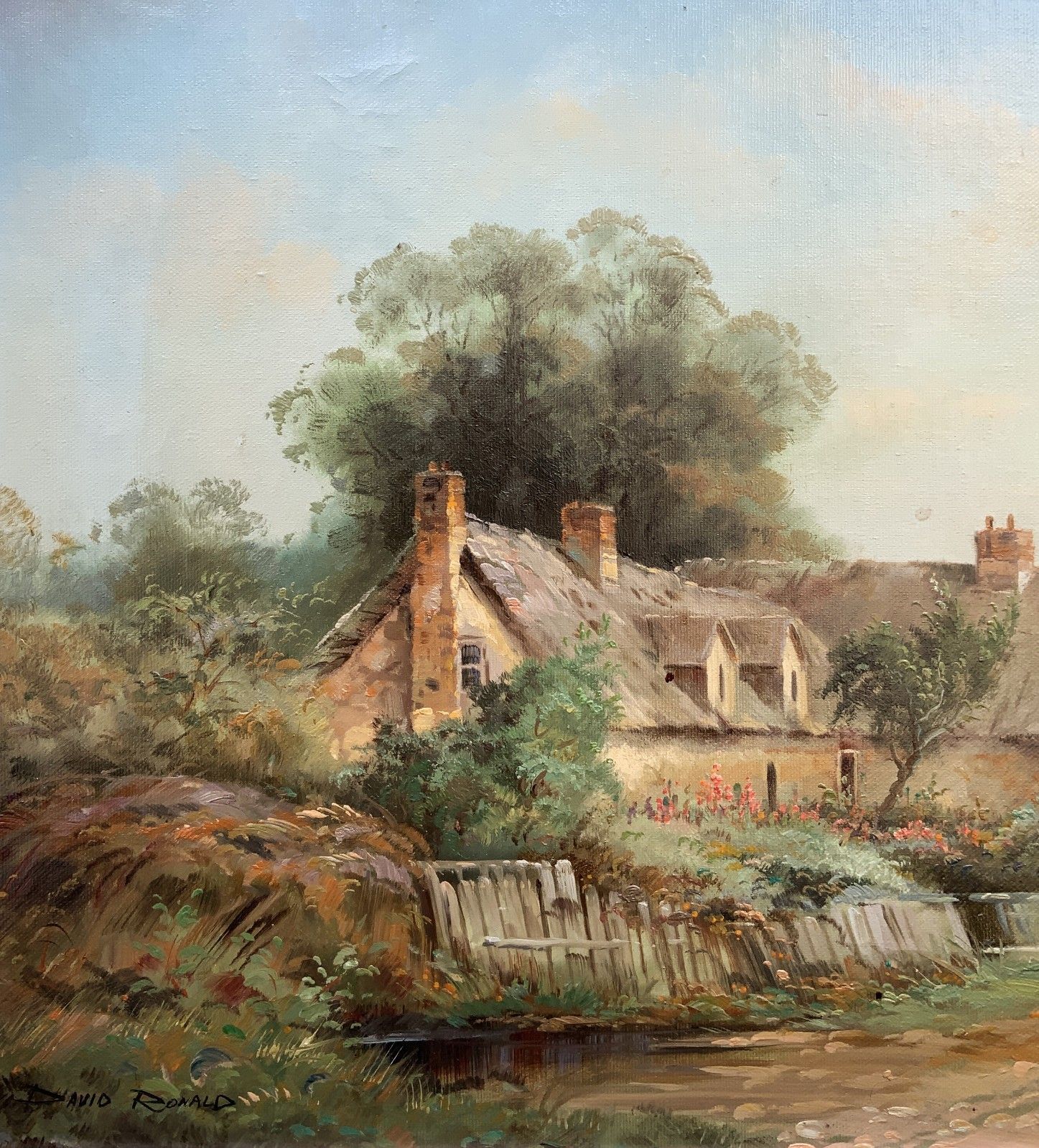 English Landscape Oil Painting Countryside Thatched Cottage Vintage 20th Century photo buy