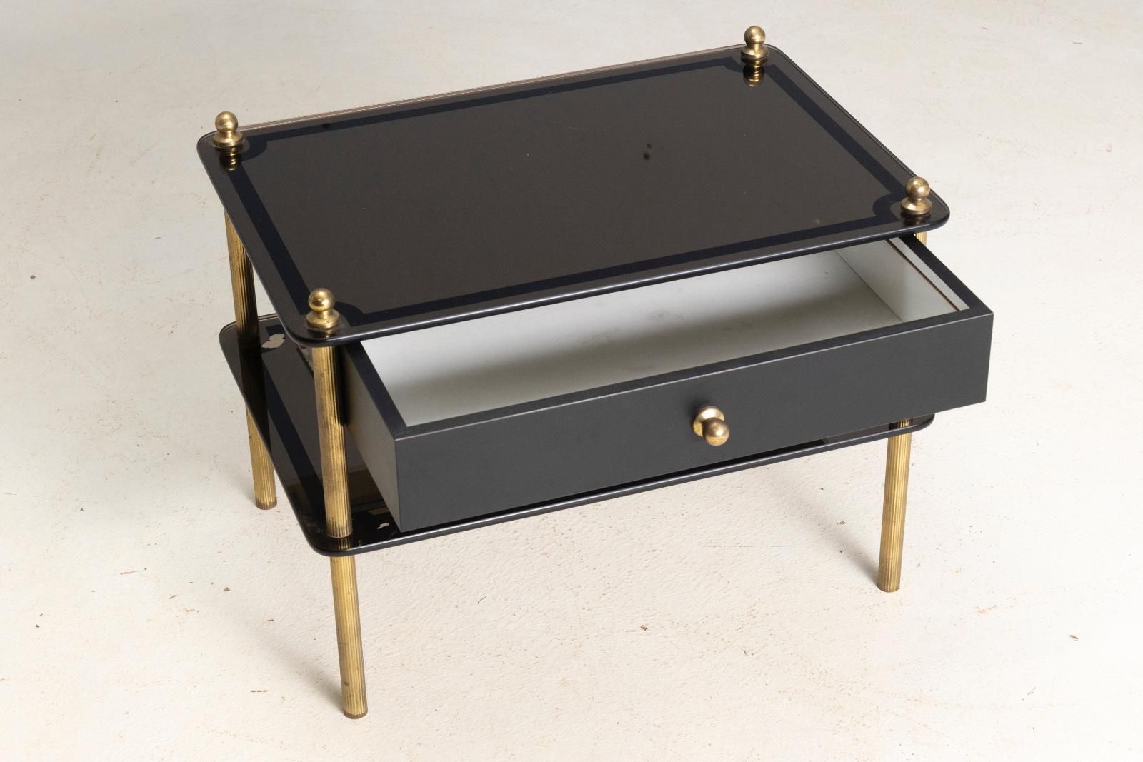Glazen Bijzettafel Met Messing Details En Lade, Jaren 1970, Europa photo Meubels