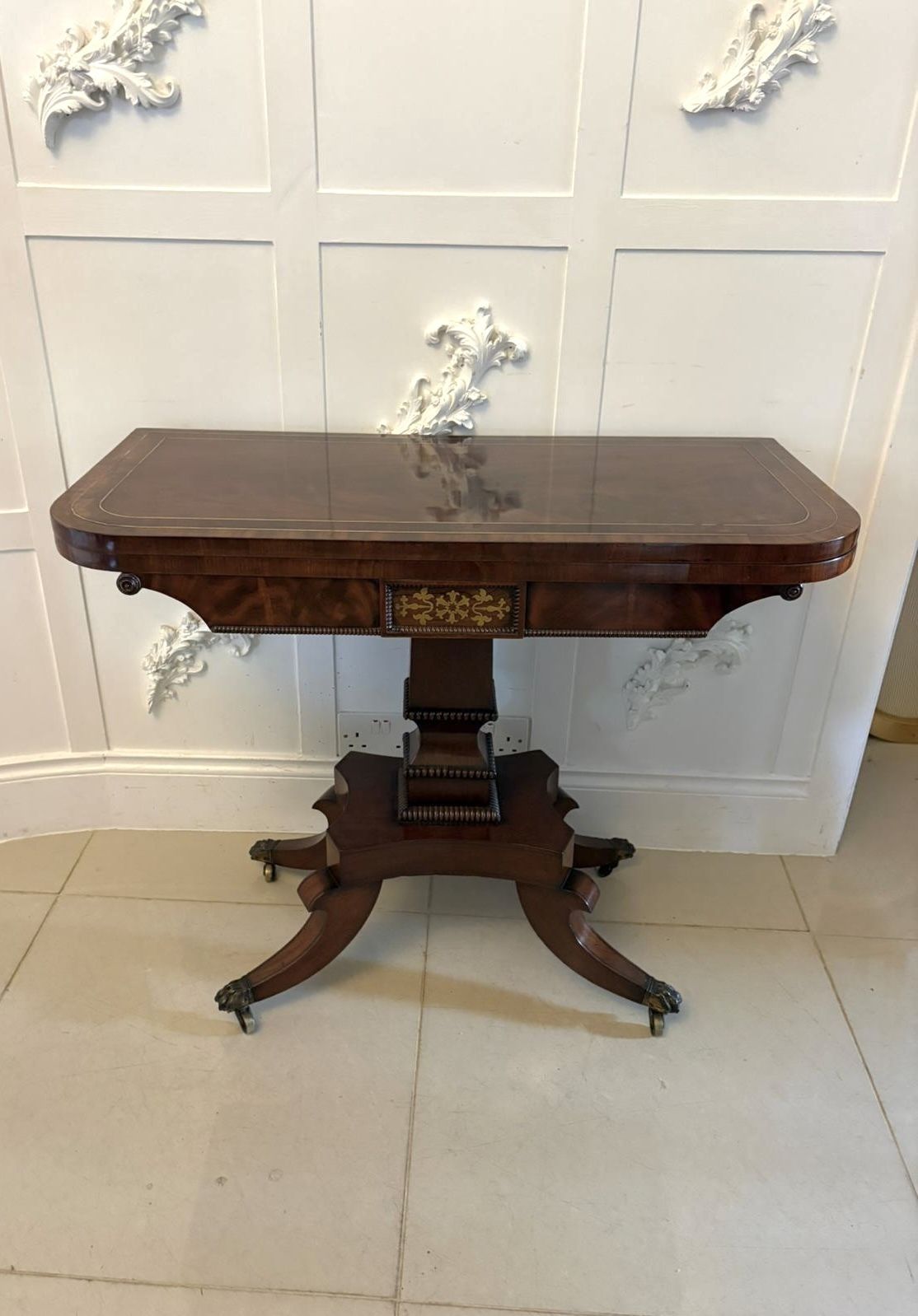 Antique English 19th Century Mahogany Brass Inlaid Fold Over Sidetable