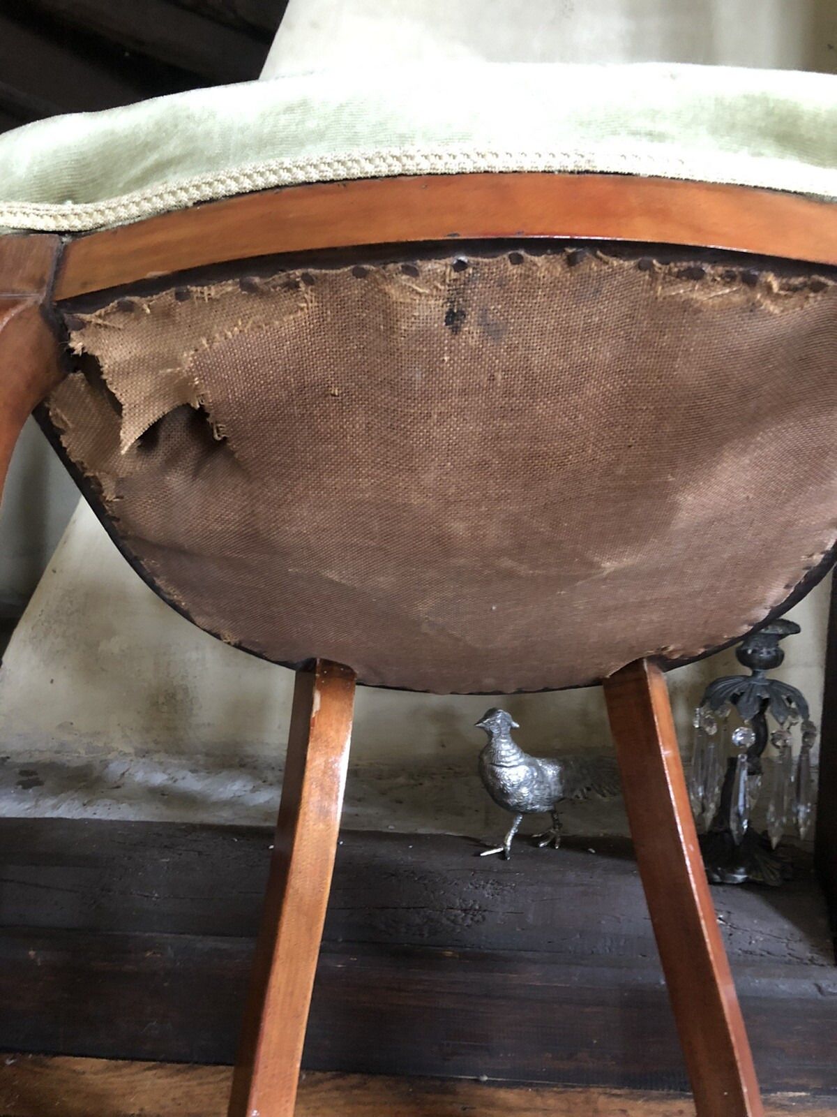 299.0 Elegantly Curved Queen Anne Vintage Antique Olive Green Velvet Chairs X 4 photo