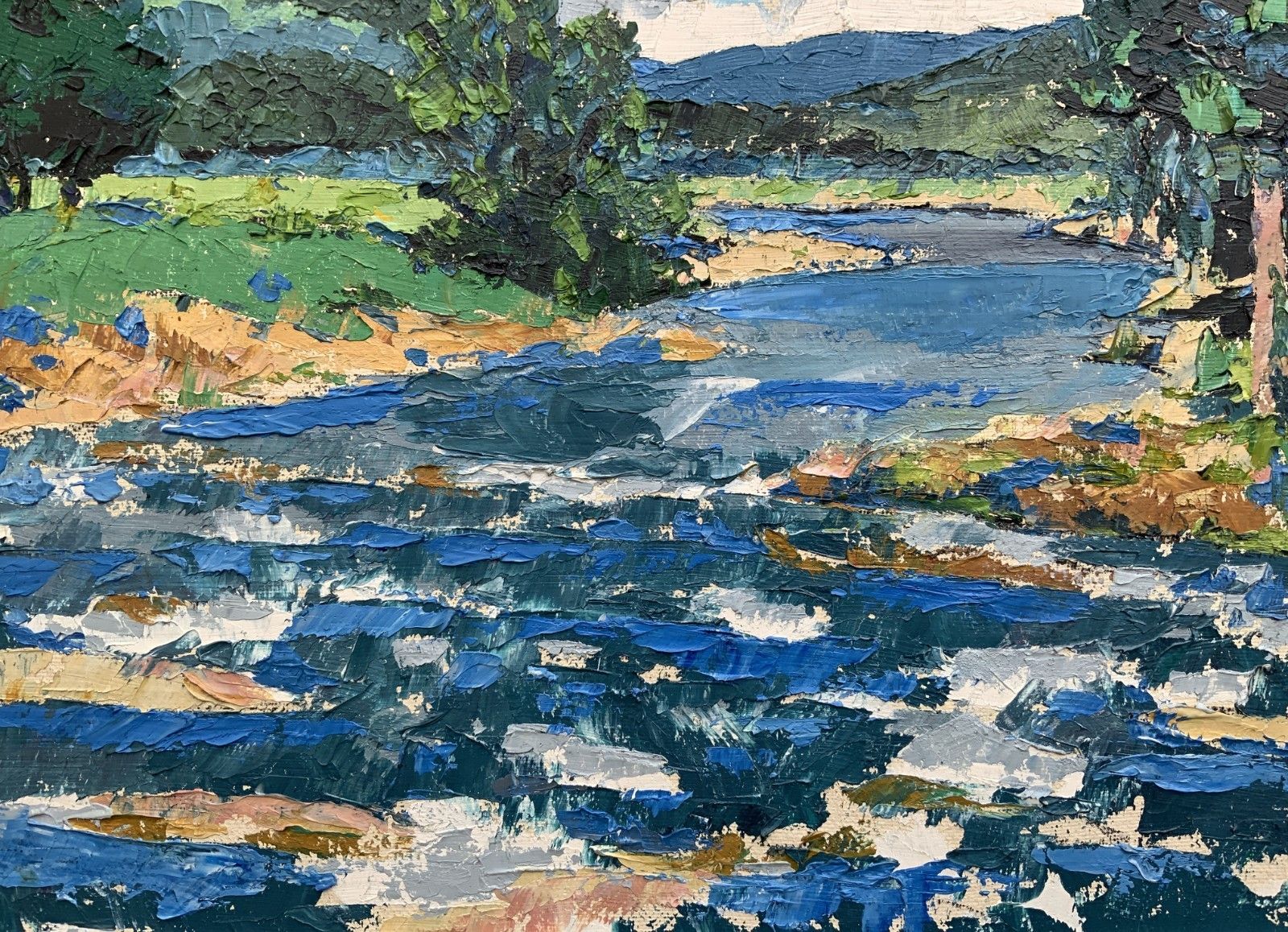 299.0 Scottish Impressionist Impasto Oil Painting River Landscape Mid Century photo