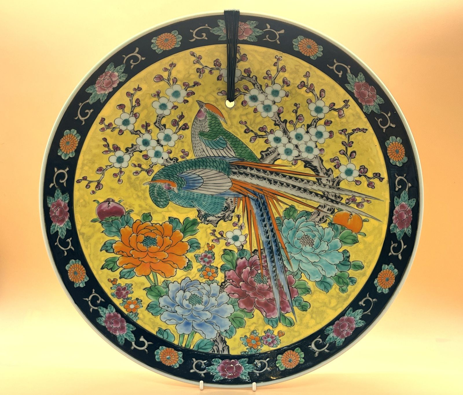 Antique Japanese Meiji Taisho Yamatoku Ware Wall Plaque / Charger, Asiatic Pheasants, Lotus And Dogwood Flowers. C1910.