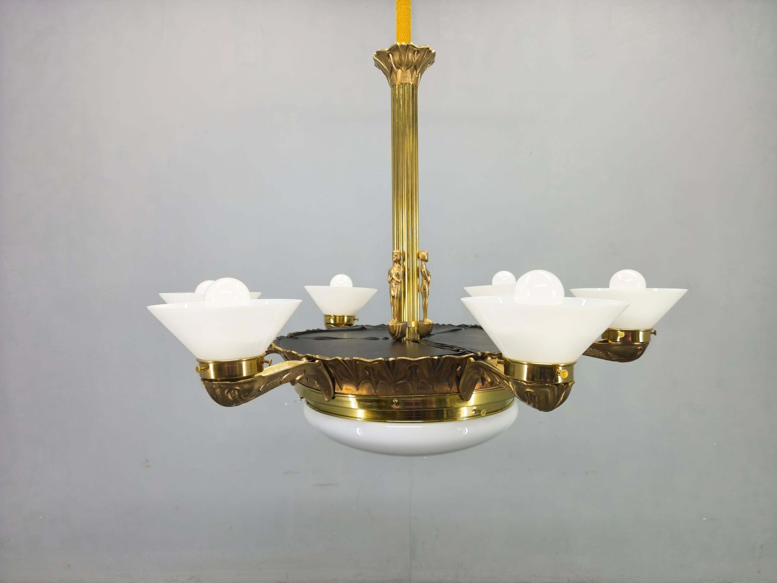 Art Deco Brass Chandelier With Glass Shades, Czechoslovakia, 1930s photo Lighting